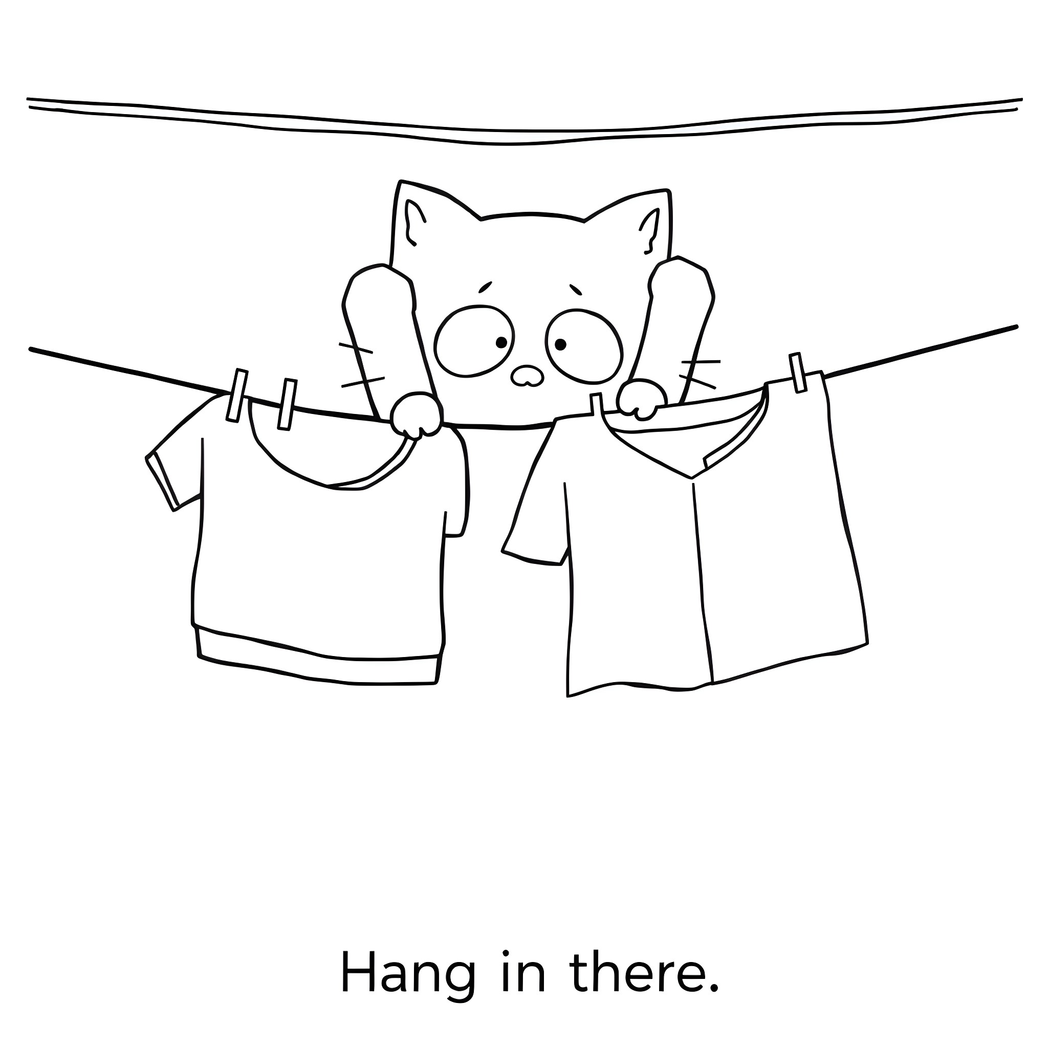 Mr. Kitty hanging out on the clothesline Coloring Page (free black-and-white line drawing printable PDF for all, from beginners to advanced learners, including children, teens, adults, and seniors)
