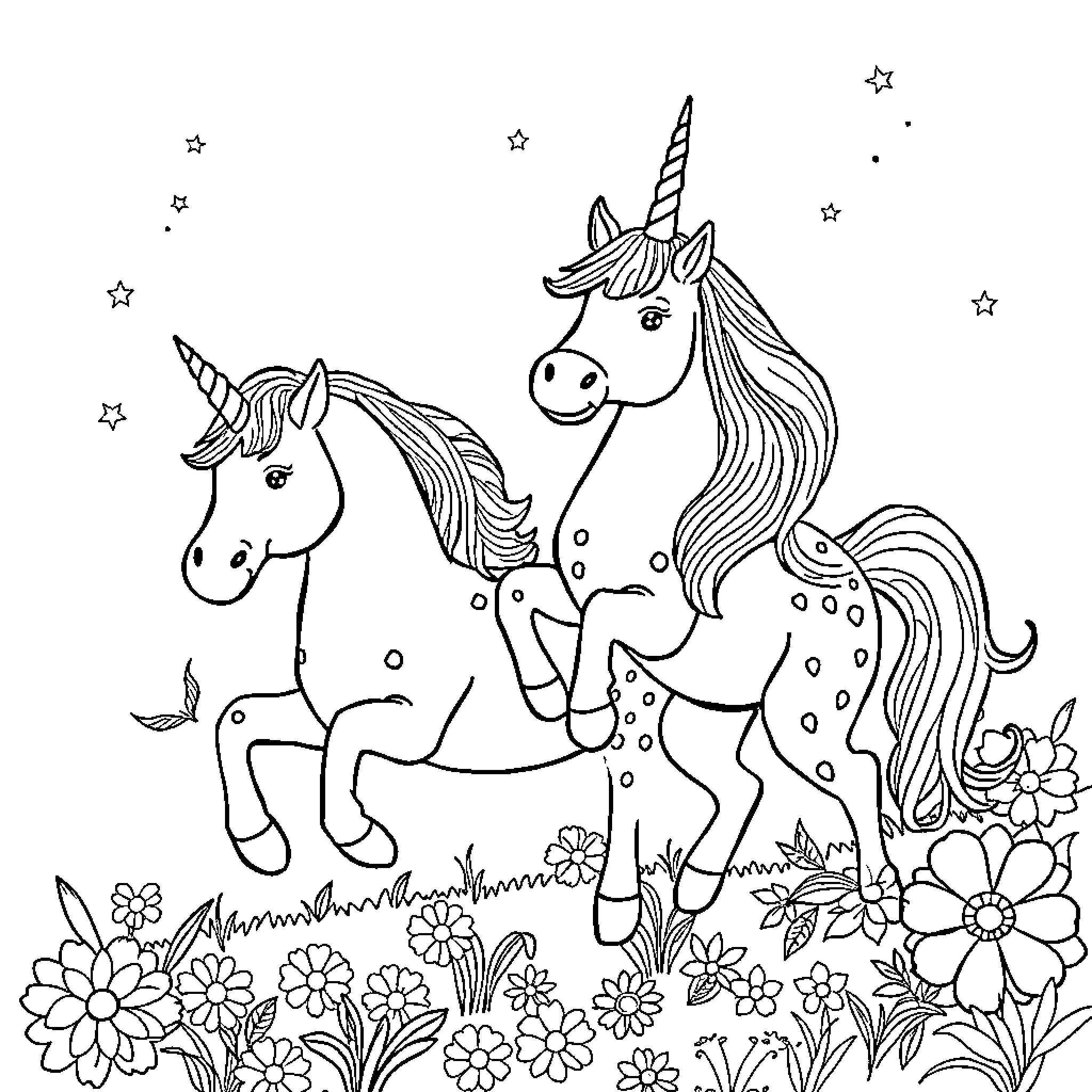 Pyjamasques unicorns playing in the flowery meadow Coloring Page (free black-and-white line drawing printable PDF for all, from beginners to advanced learners, including children, teens, adults, and seniors)