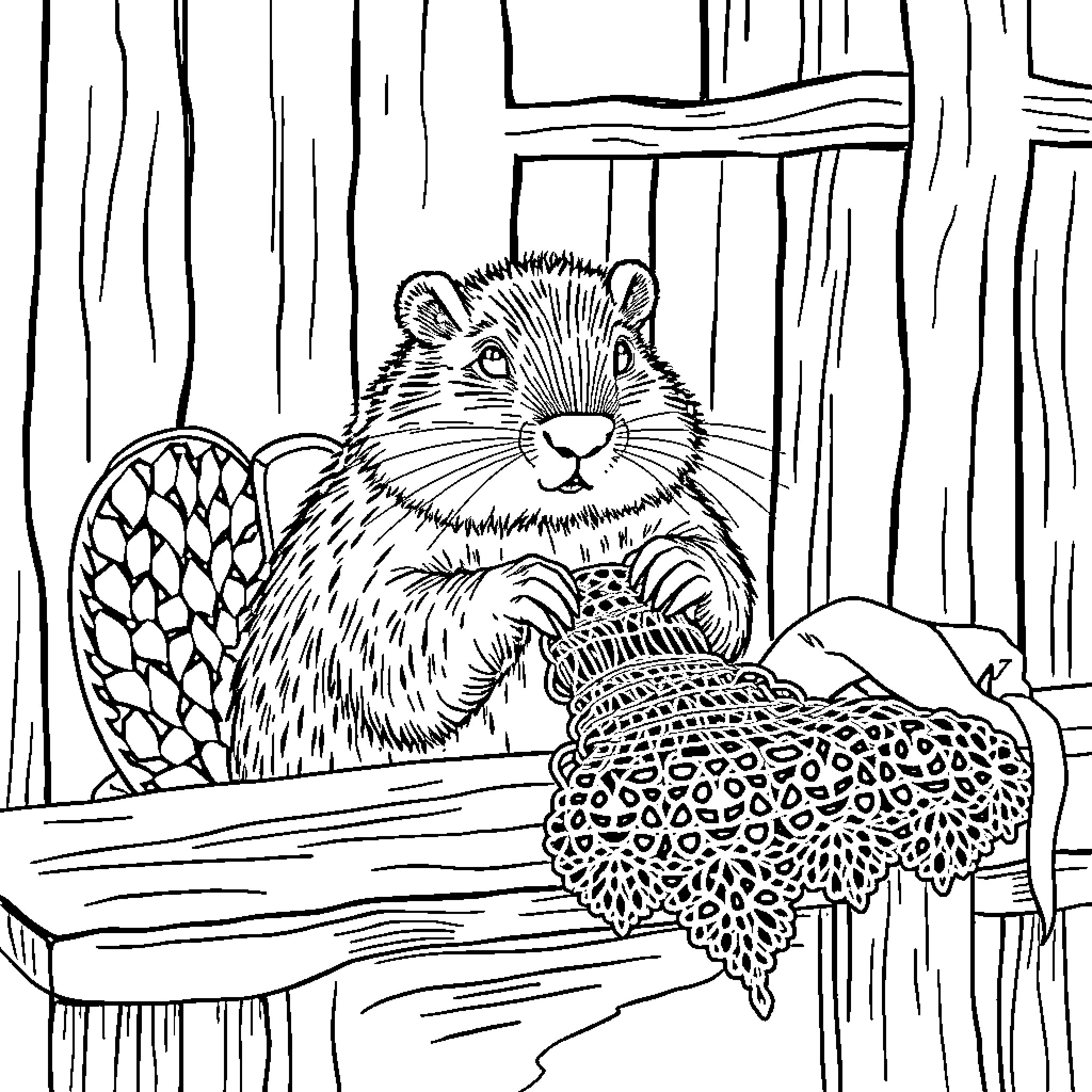 Beaver gathering twigs for its nest Coloring Page (free black-and-white line drawing printable PDF for all, from beginners to advanced learners, including children, teens, adults, and seniors)