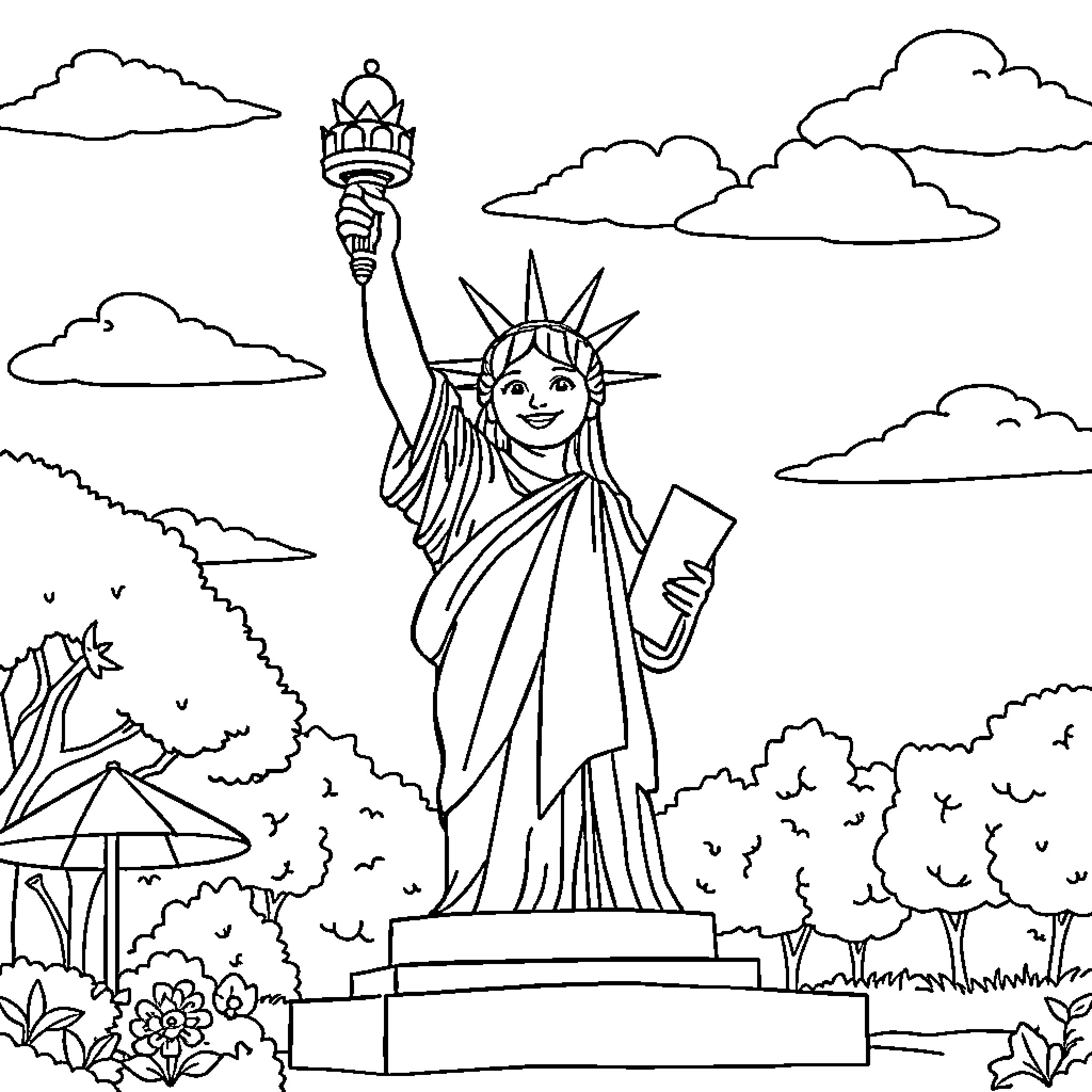 Statue Of Liberty standing tall in scenic landscape Coloring Page (free black-and-white line drawing printable PDF for all, from beginners to advanced learners, including children, teens, adults, and seniors)