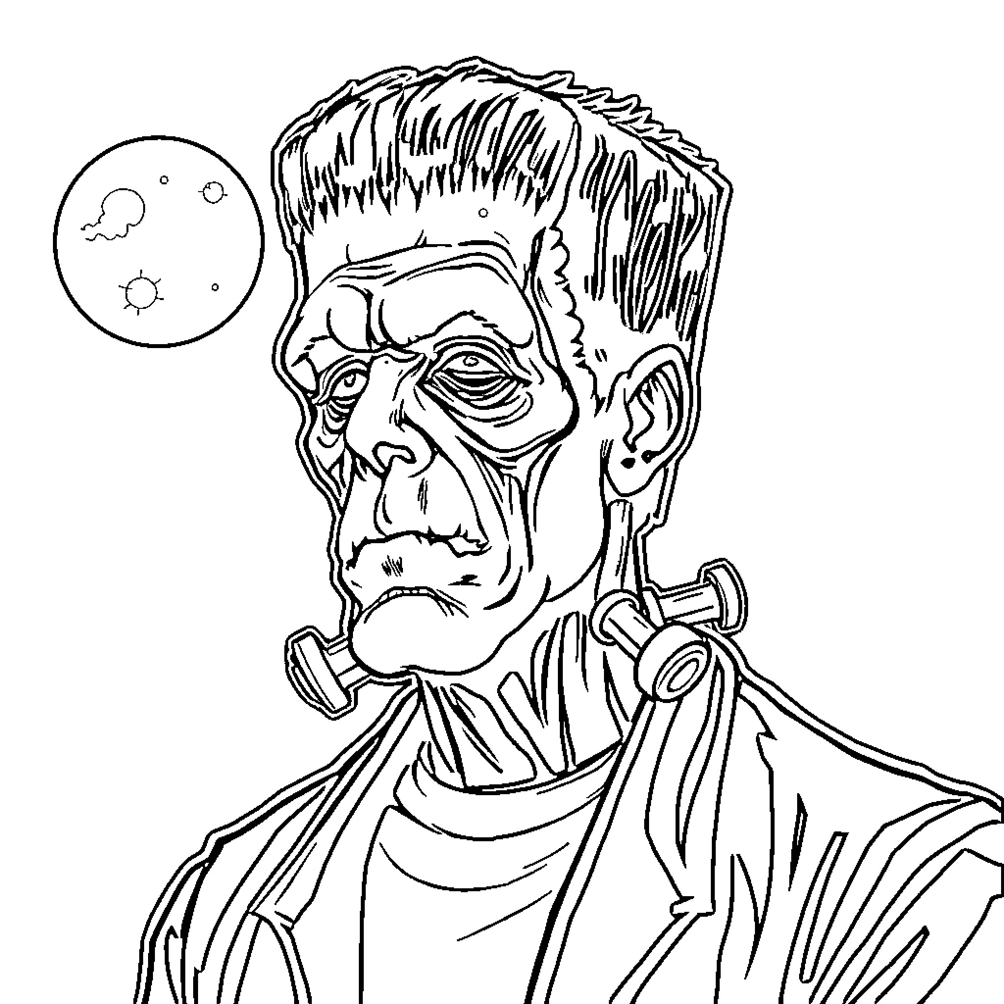 Frankenstein's Monster Observing the Moon Coloring Page (free black-and-white line drawing printable PDF for all, from beginners to advanced learners, including children, teens, adults, and seniors)