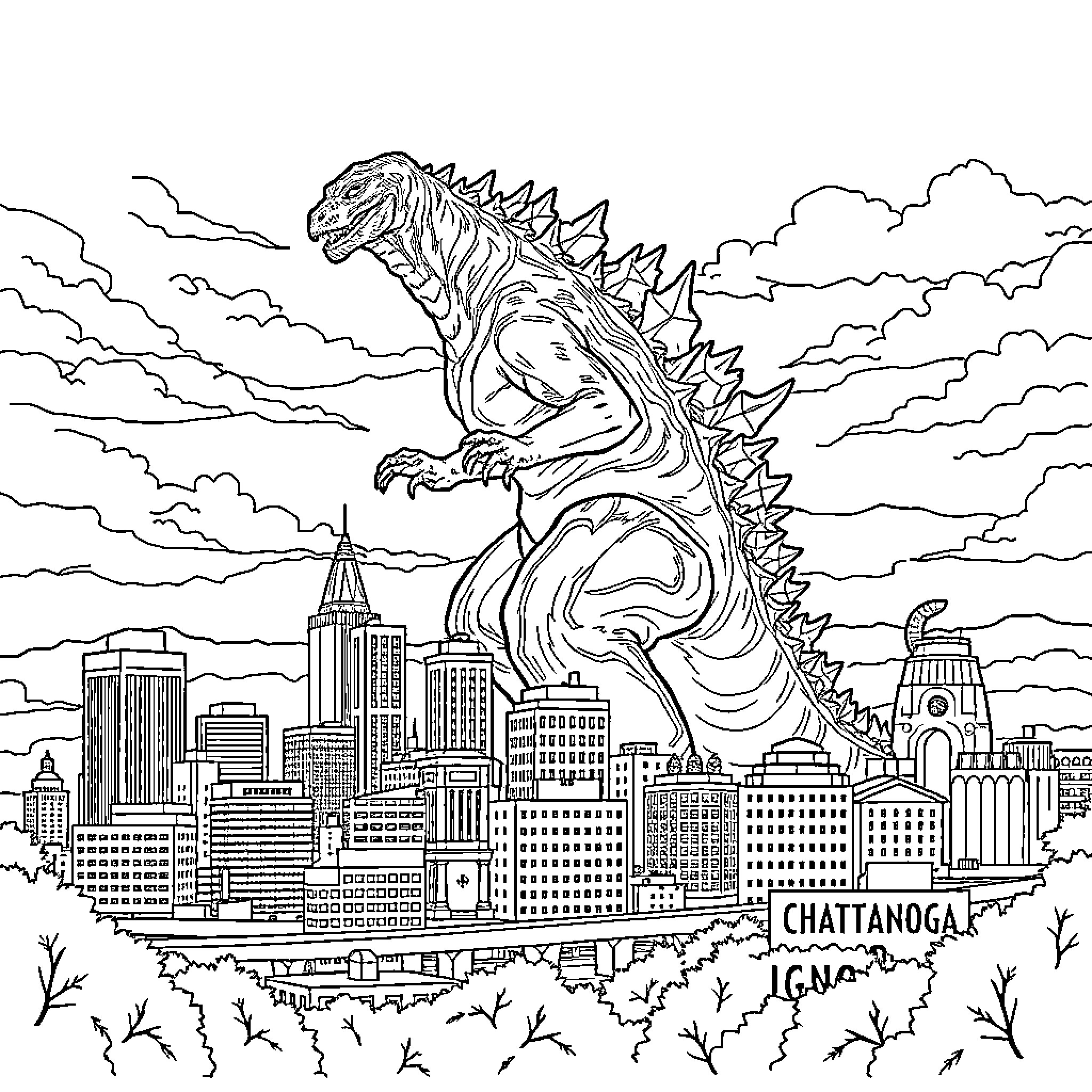 Godzilla rampaging through the city of Chattanooga Coloring Page (free black-and-white line drawing printable PDF for all, from beginners to advanced learners, including children, teens, adults, and seniors)