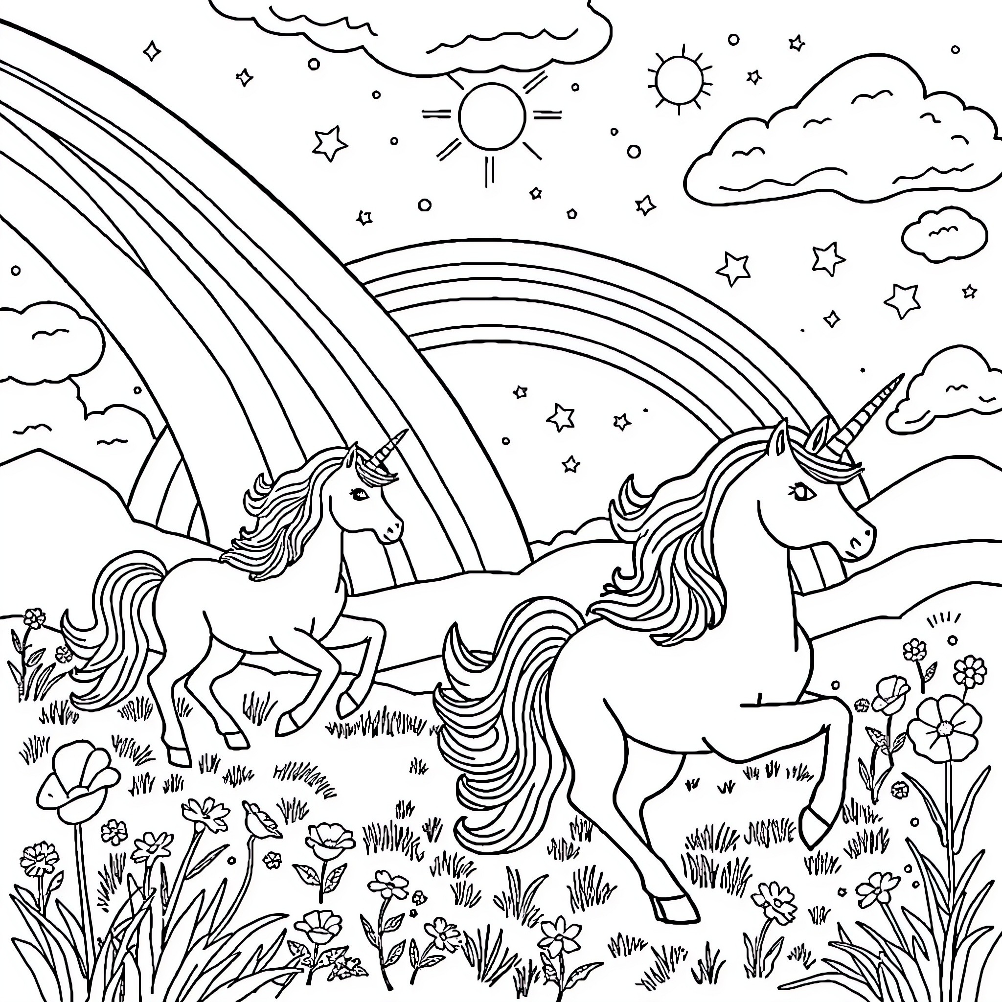 Unicorn playing joyfully in a magical fantasy landscape Coloring Page (free black-and-white line drawing printable PDF for all, from beginners to advanced learners, including children, teens, adults, and seniors)