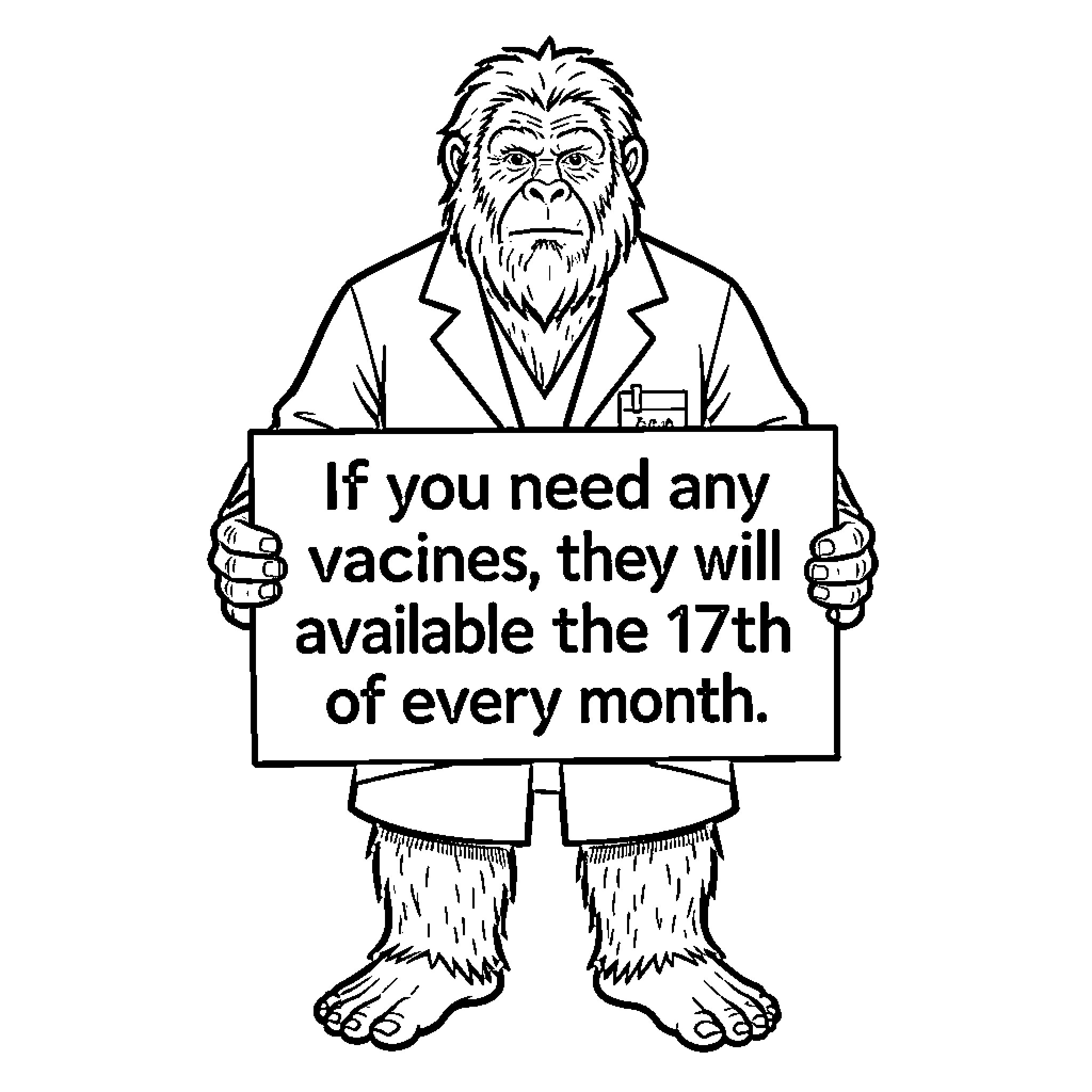 Bigfoot wearing a lab coat holding a sign Coloring Page (free black-and-white line drawing printable PDF for all, from beginners to advanced learners, including children, teens, adults, and seniors)