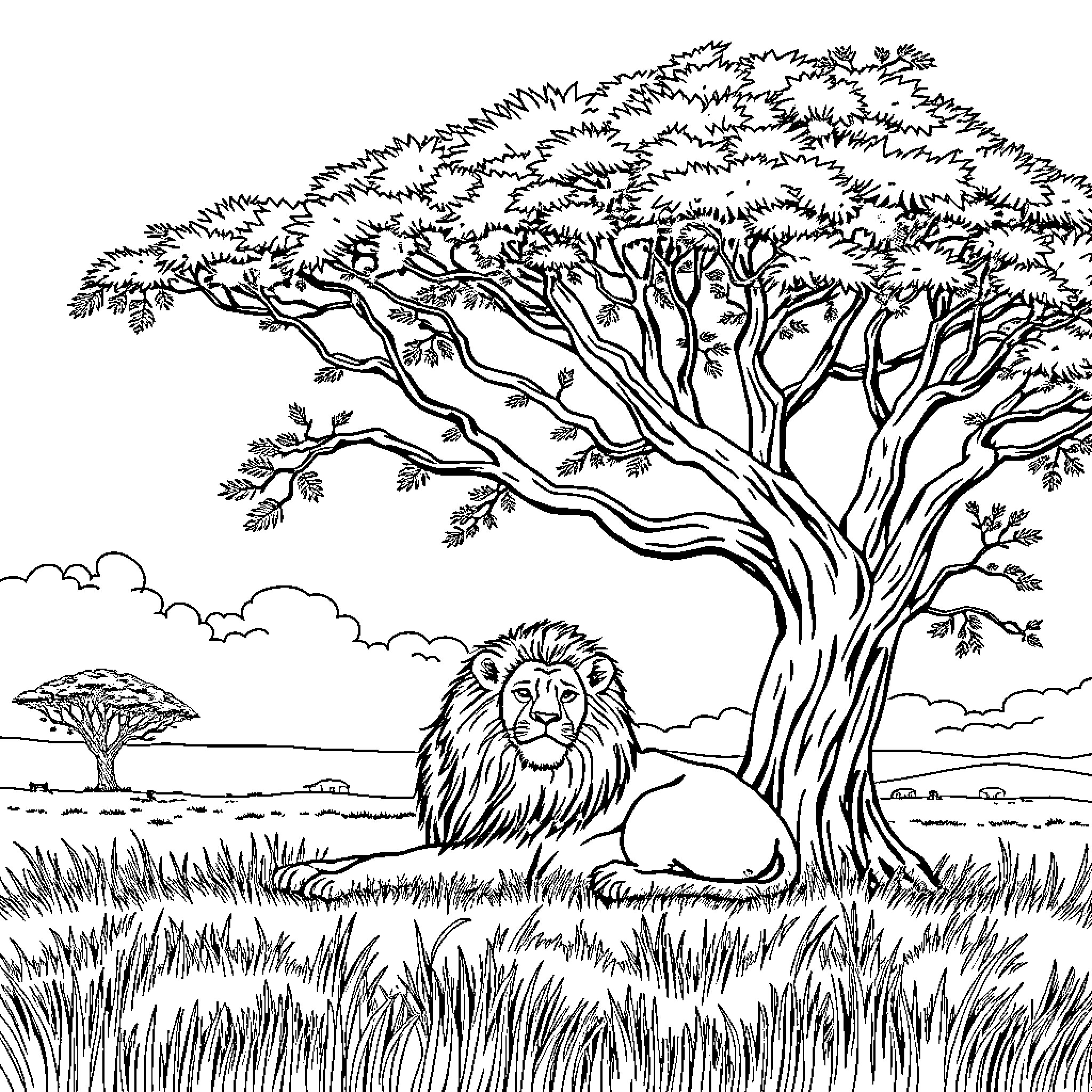 Lion resting under the tree in the savanna Coloring Page (free black-and-white line drawing printable PDF for all, from beginners to advanced learners, including children, teens, adults, and seniors)