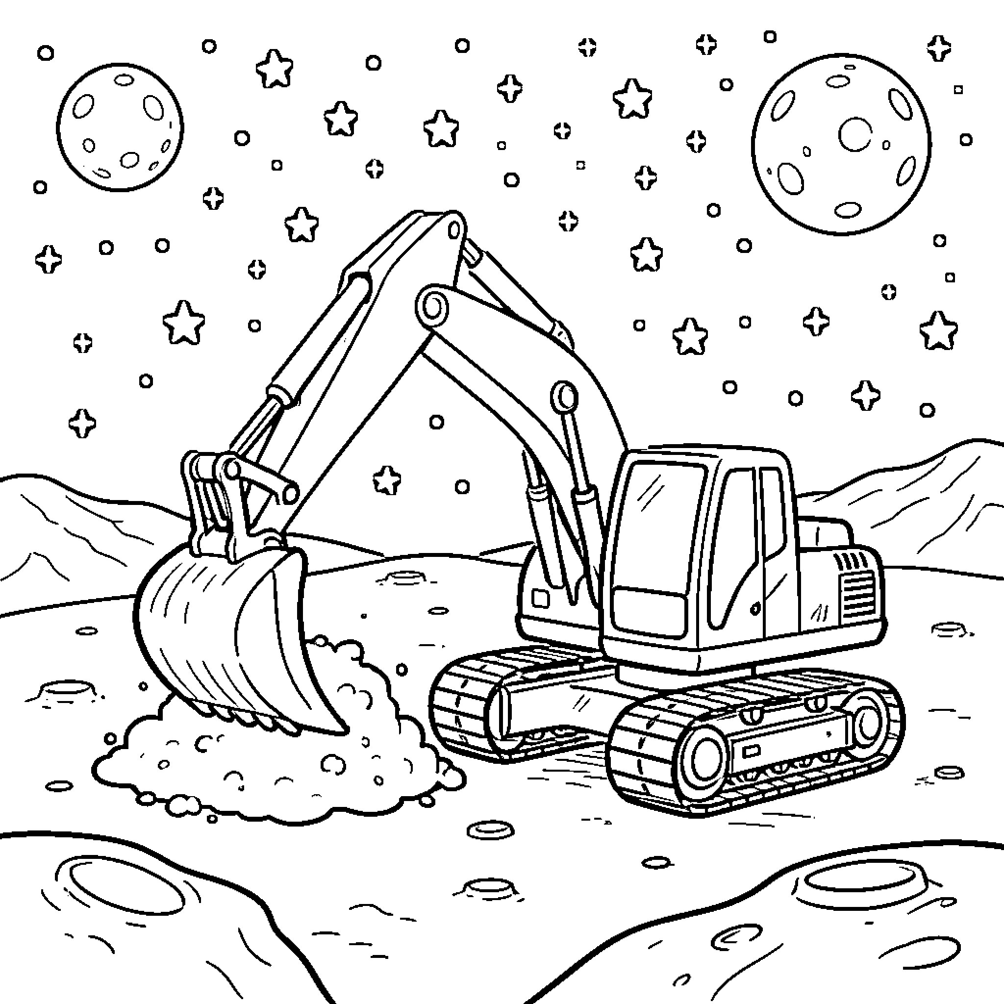 Excavator digging on a cratered lunar surface Coloring Page (free black-and-white line drawing printable PDF for all, from beginners to advanced learners, including children, teens, adults, and seniors)