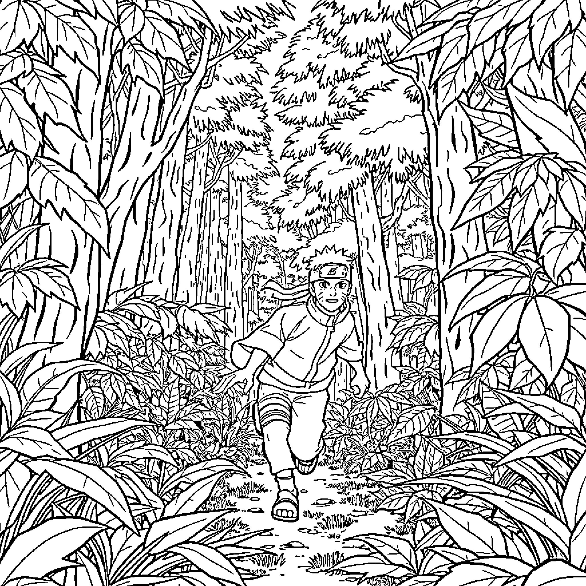Naruto exploring the dense forest Coloring Page (free black-and-white line drawing printable PDF for all, from beginners to advanced learners, including children, teens, adults, and seniors)