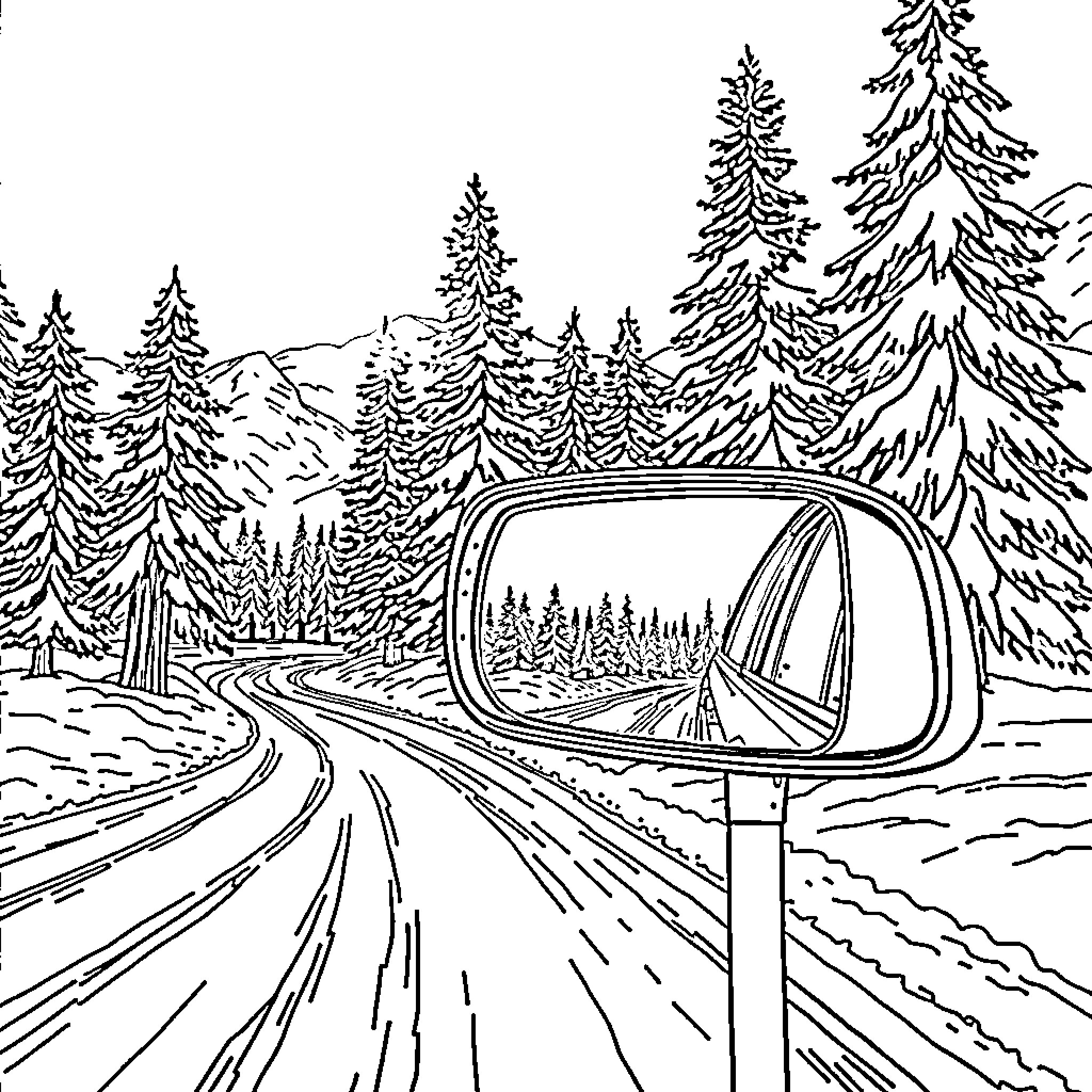 Traffic Mirror Reflecting Winding Mountain Road Coloring Page (free black-and-white line drawing printable PDF for all, from beginners to advanced learners, including children, teens, adults, and seniors)