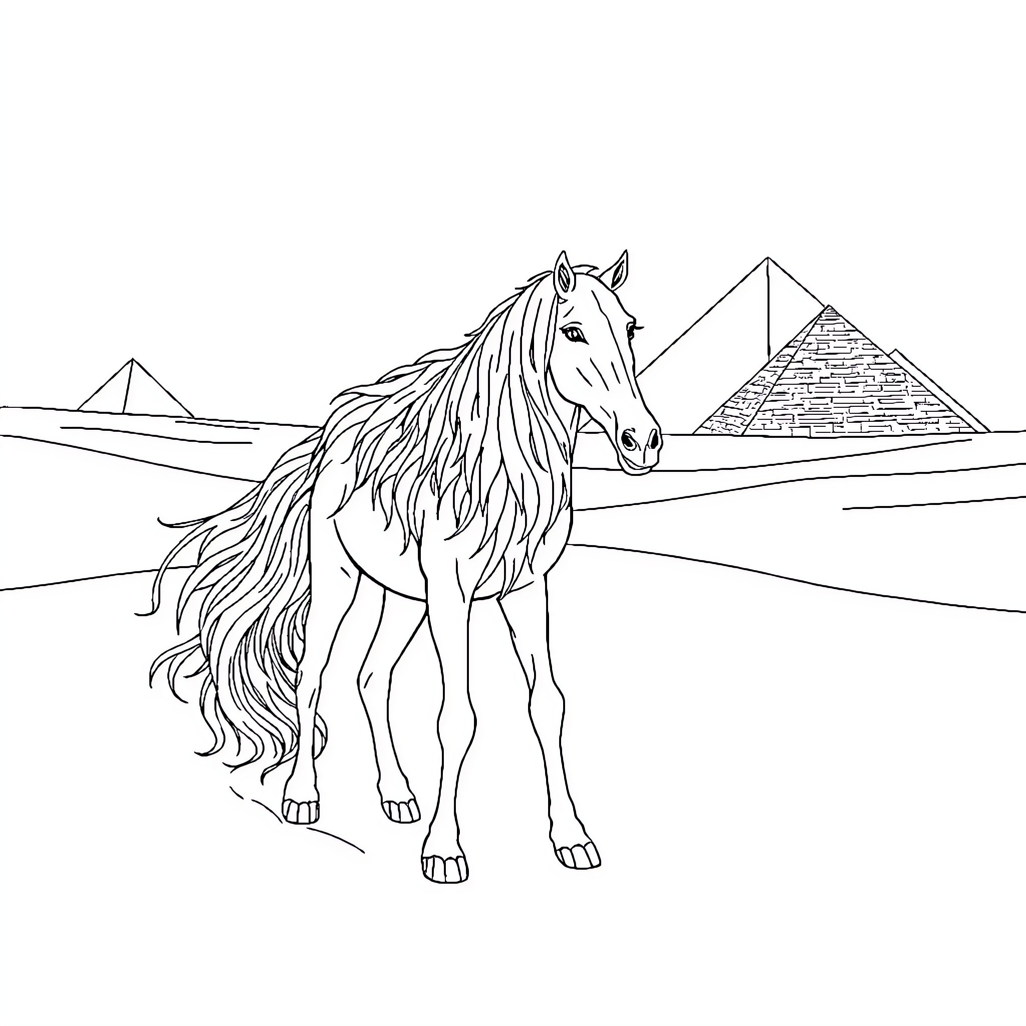 Queen's Majestic Steed in the Egyptian Desert Coloring Page (free black-and-white line drawing printable PDF for all, from beginners to advanced learners, including children, teens, adults, and seniors)