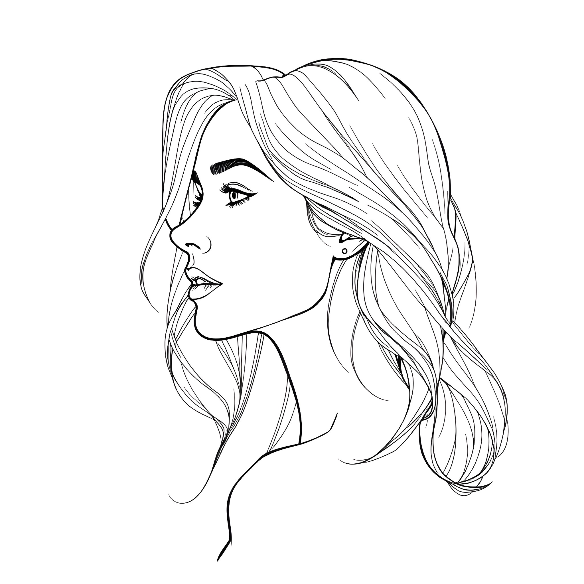 Female with Flowing Hair and Pensive Expression Coloring Page (free black-and-white line drawing printable PDF for all, from beginners to advanced learners, including children, teens, adults, and seniors)