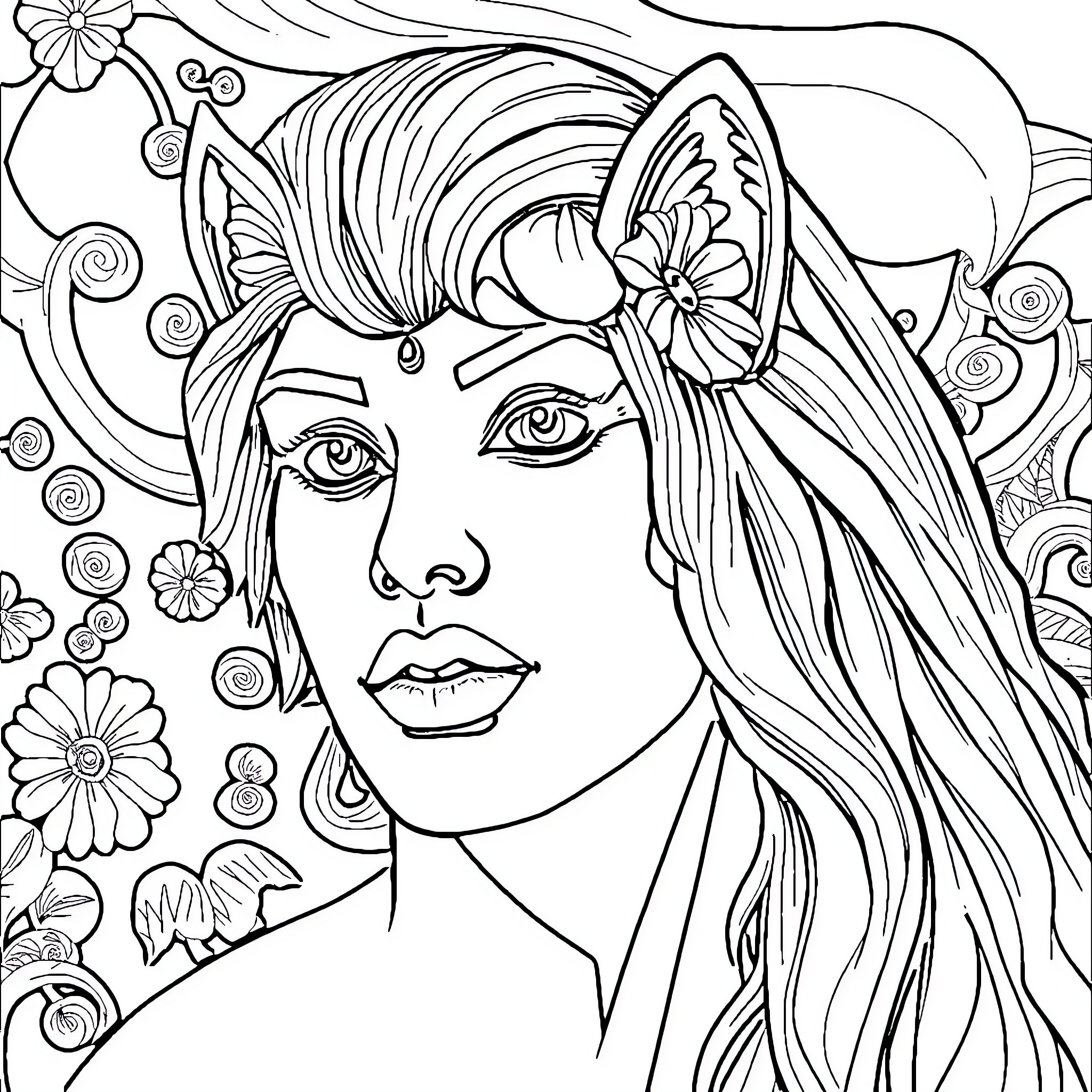 Email portrait of woman with floral design Coloring Page (free black-and-white line drawing printable PDF for all, from beginners to advanced learners, including children, teens, adults, and seniors)
