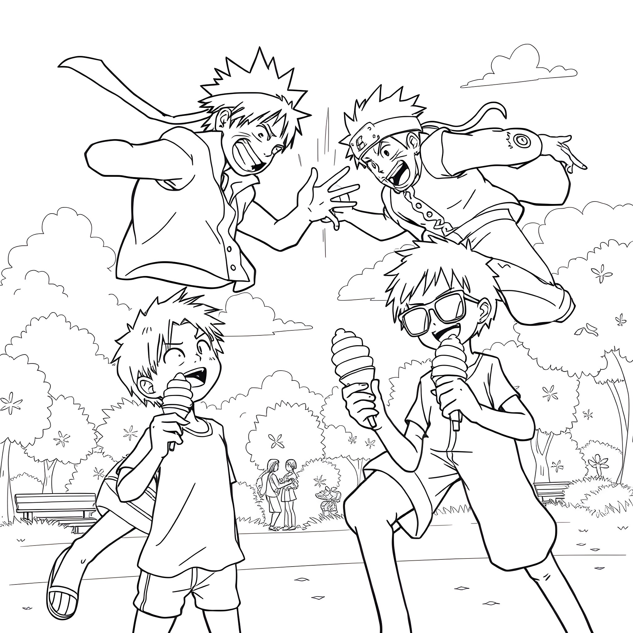 Naruto characters in lively outdoor scene Coloring Page (free black-and-white line drawing printable PDF for all, from beginners to advanced learners, including children, teens, adults, and seniors)