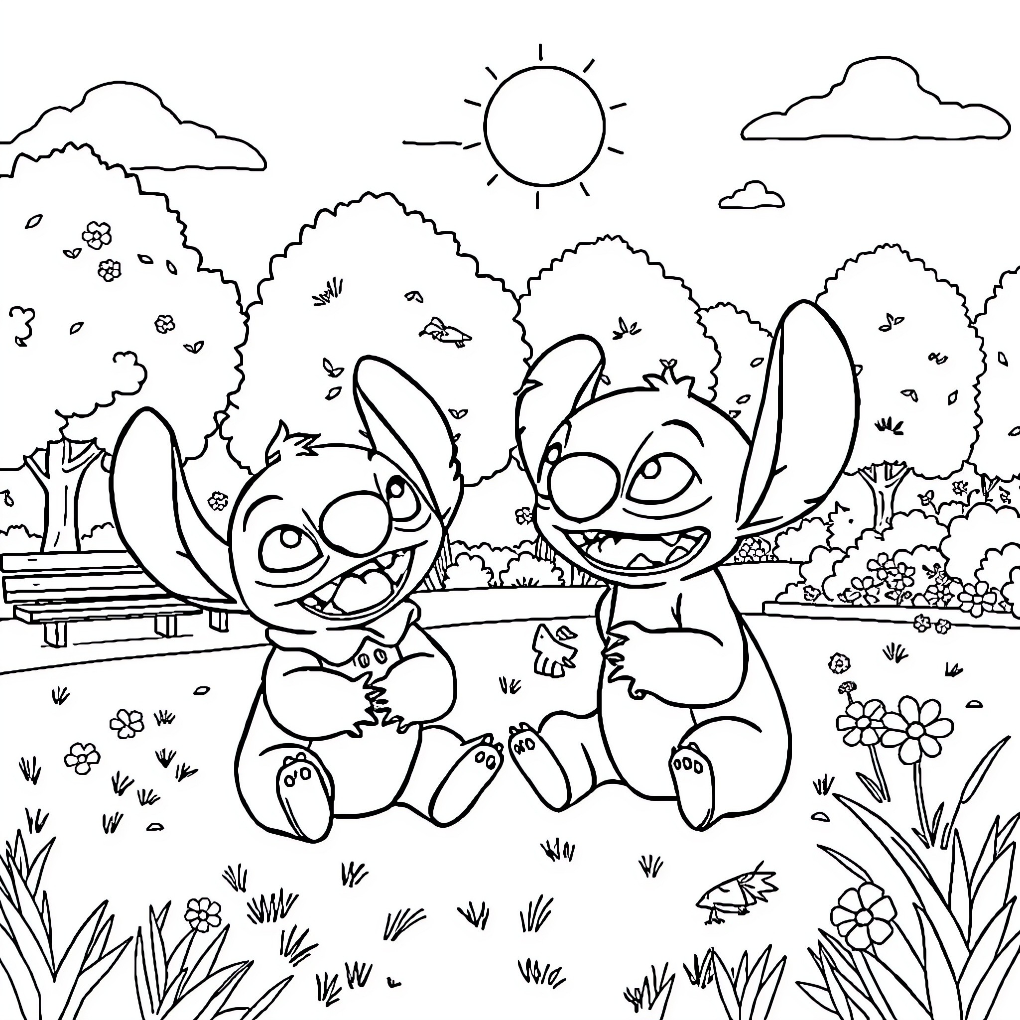 Stitch and friend explore the park Coloring Page (free black-and-white line drawing printable PDF for all, from beginners to advanced learners, including children, teens, adults, and seniors)