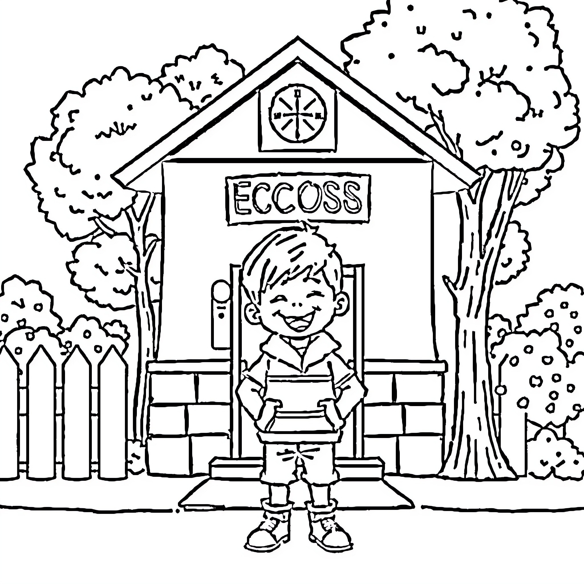 Child playing outside an Eccoss building Coloring Page (free black-and-white line drawing printable PDF for all, from beginners to advanced learners, including children, teens, adults, and seniors)