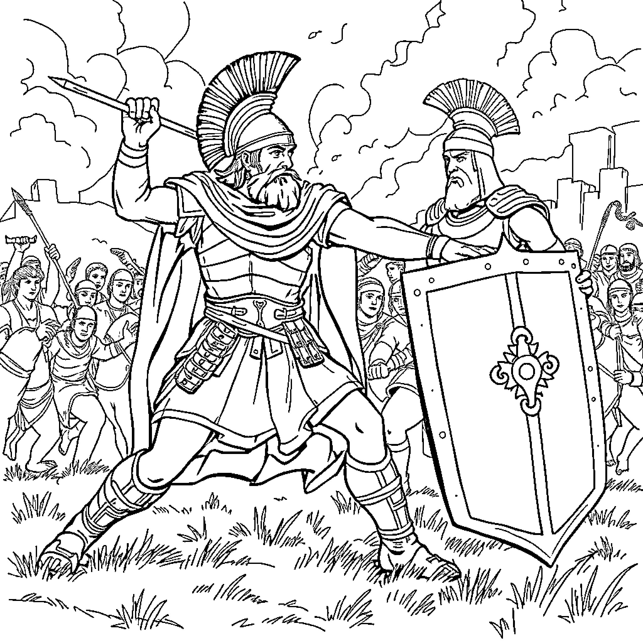 Gaul warriors in battle formation with shields Coloring Page (free black-and-white line drawing printable PDF for all, from beginners to advanced learners, including children, teens, adults, and seniors)