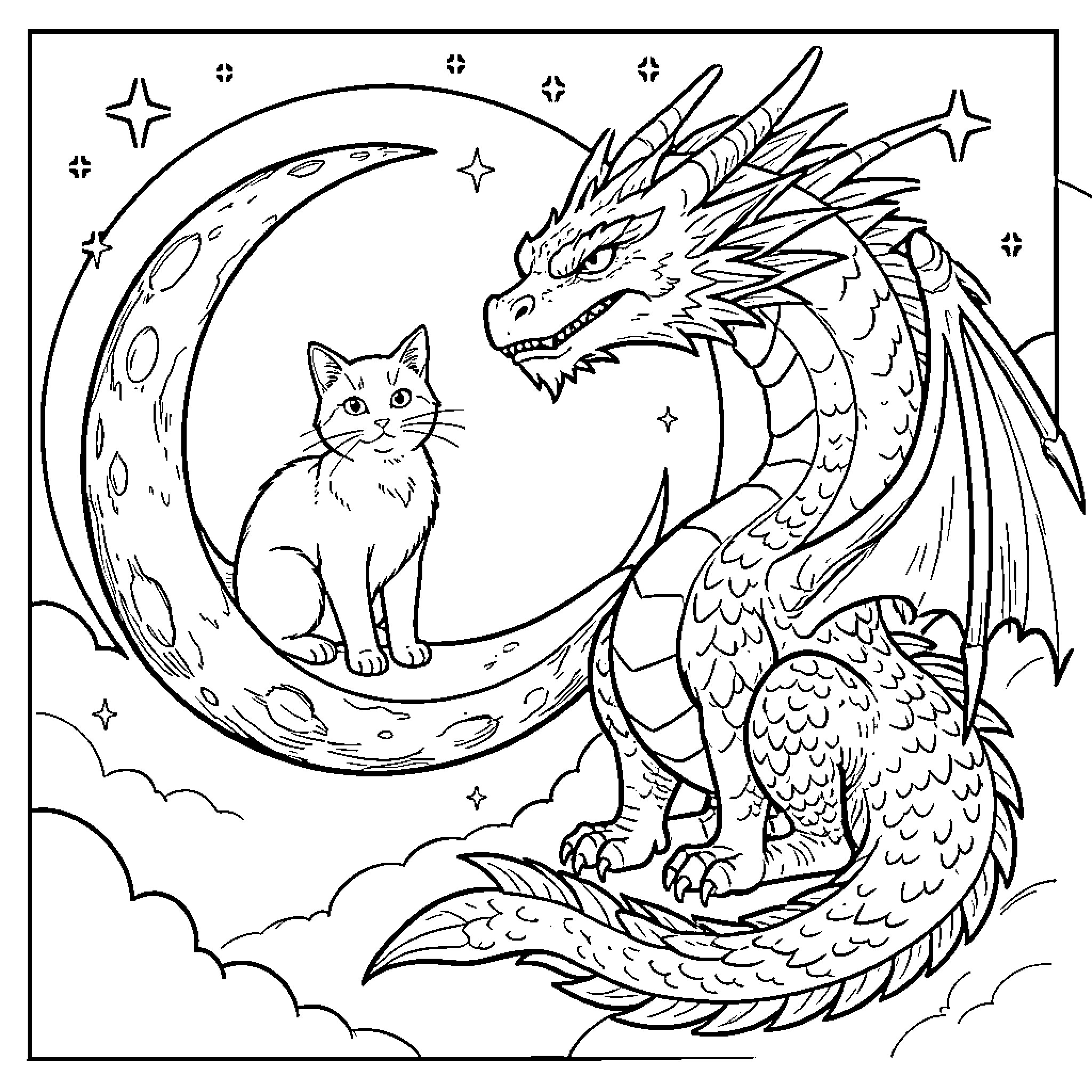 Cat and Dragon under the Starry Night Sky Coloring Page (free black-and-white line drawing printable PDF for all, from beginners to advanced learners, including children, teens, adults, and seniors)