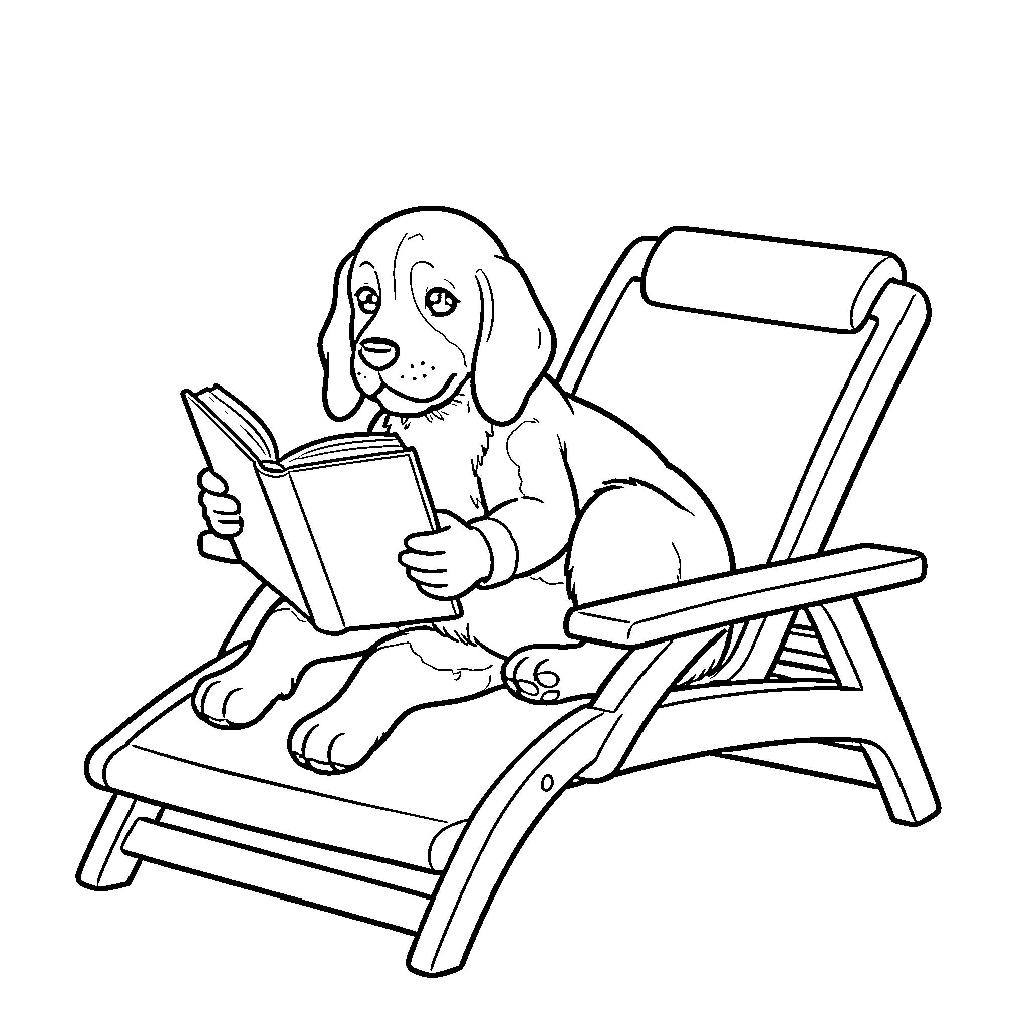 Beagle relaxing while reading a book on a lounge chair Coloring Page (free black-and-white line drawing printable PDF for all, from beginners to advanced learners, including children, teens, adults, and seniors)