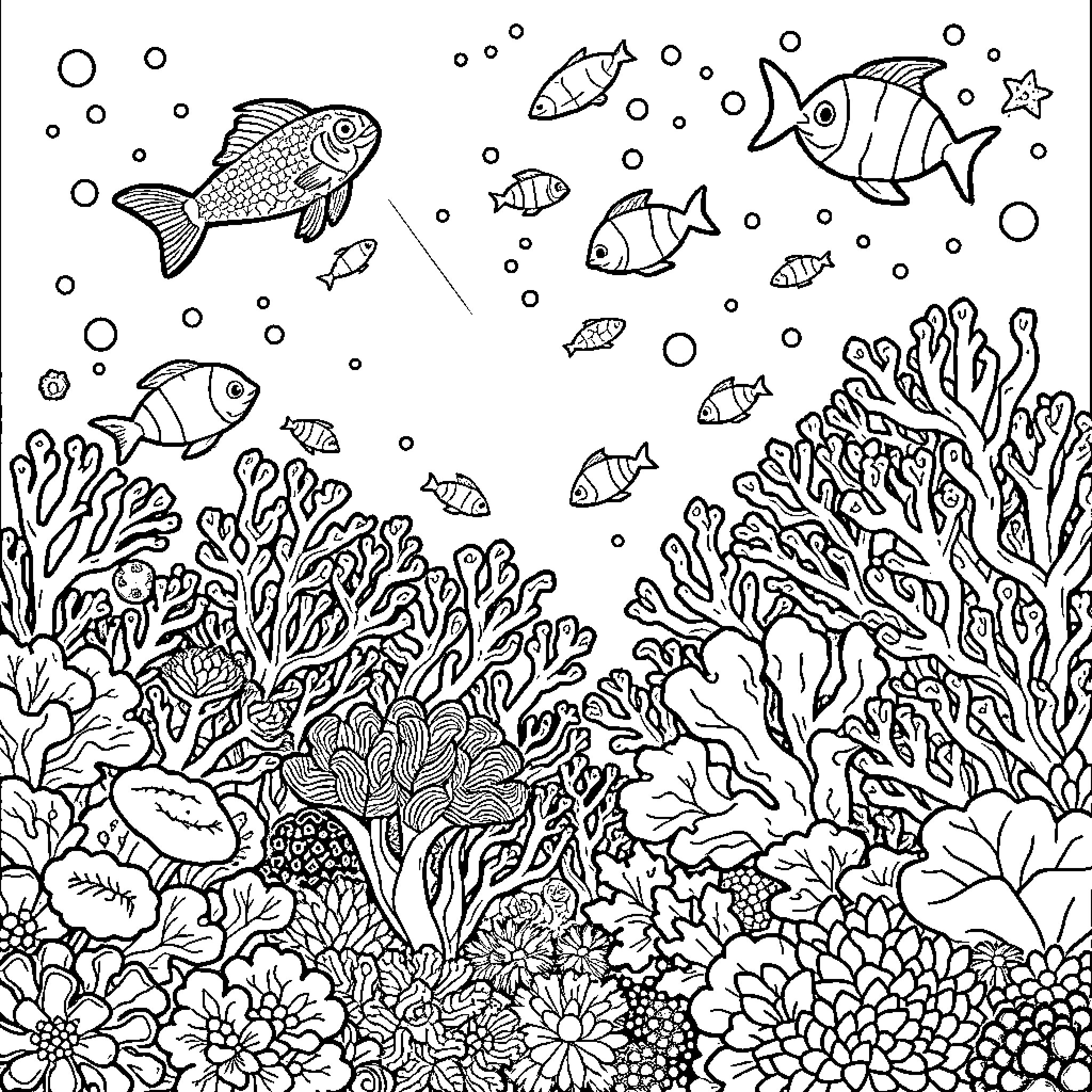 Coral Garden Teeming with Vibrant Marine Life Coloring Page (free black-and-white line drawing printable PDF for all, from beginners to advanced learners, including children, teens, adults, and seniors)