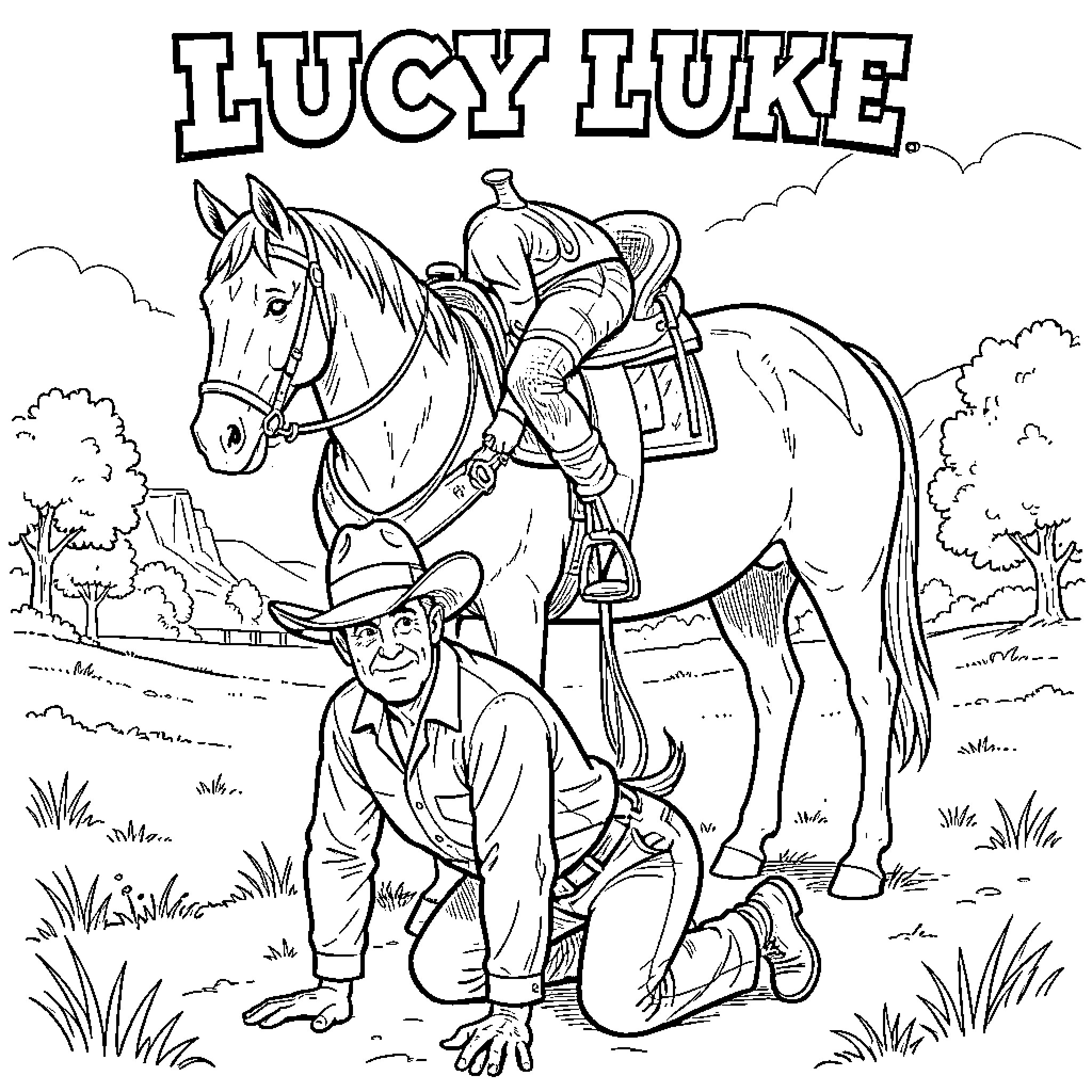 Lucky Luke's Western Adventure on Horseback Coloring Page (free black-and-white line drawing printable PDF for all, from beginners to advanced learners, including children, teens, adults, and seniors)