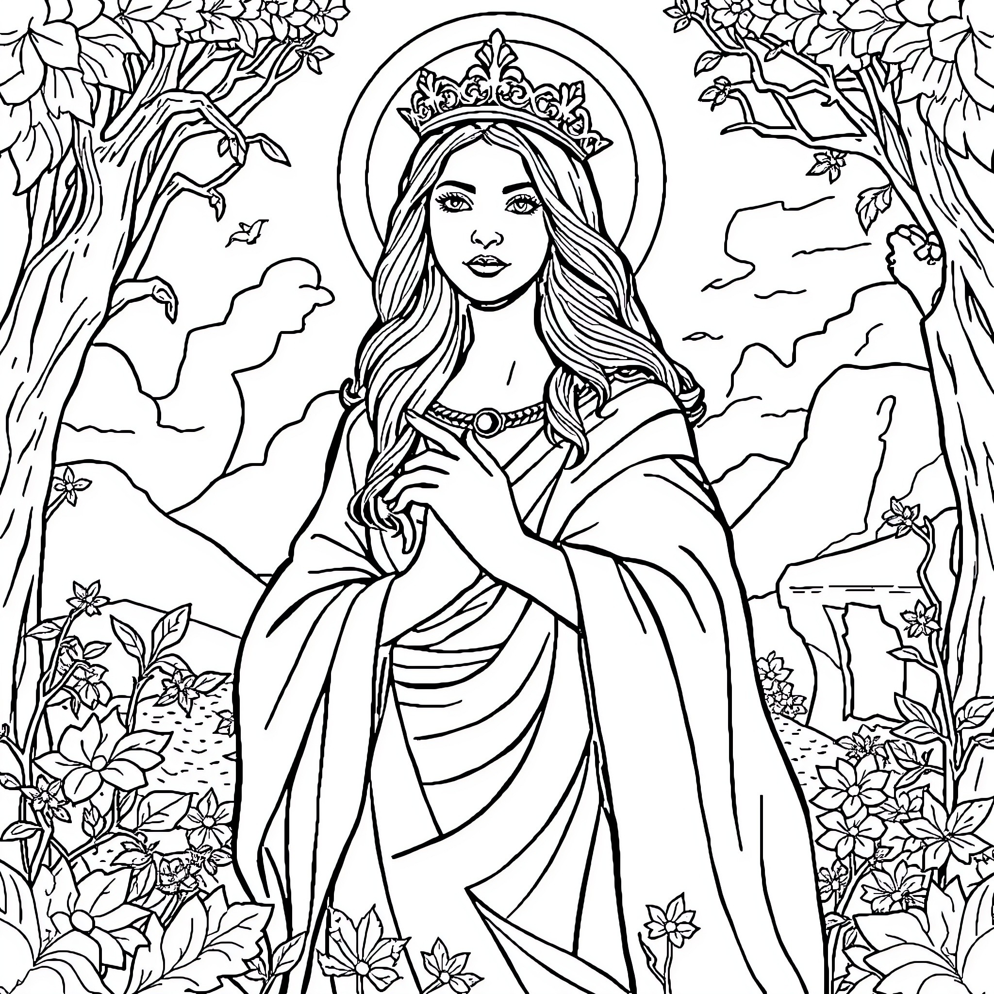 Princess in a Enchanted Forest Landscape Coloring Page (free black-and-white line drawing printable PDF for all, from beginners to advanced learners, including children, teens, adults, and seniors)