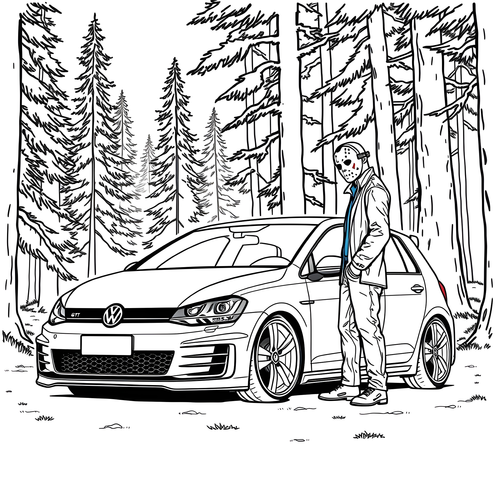 Jason Voorhees admiring his sleek sports car in the forest Coloring Page (free black-and-white line drawing printable PDF for all, from beginners to advanced learners, including children, teens, adults, and seniors)