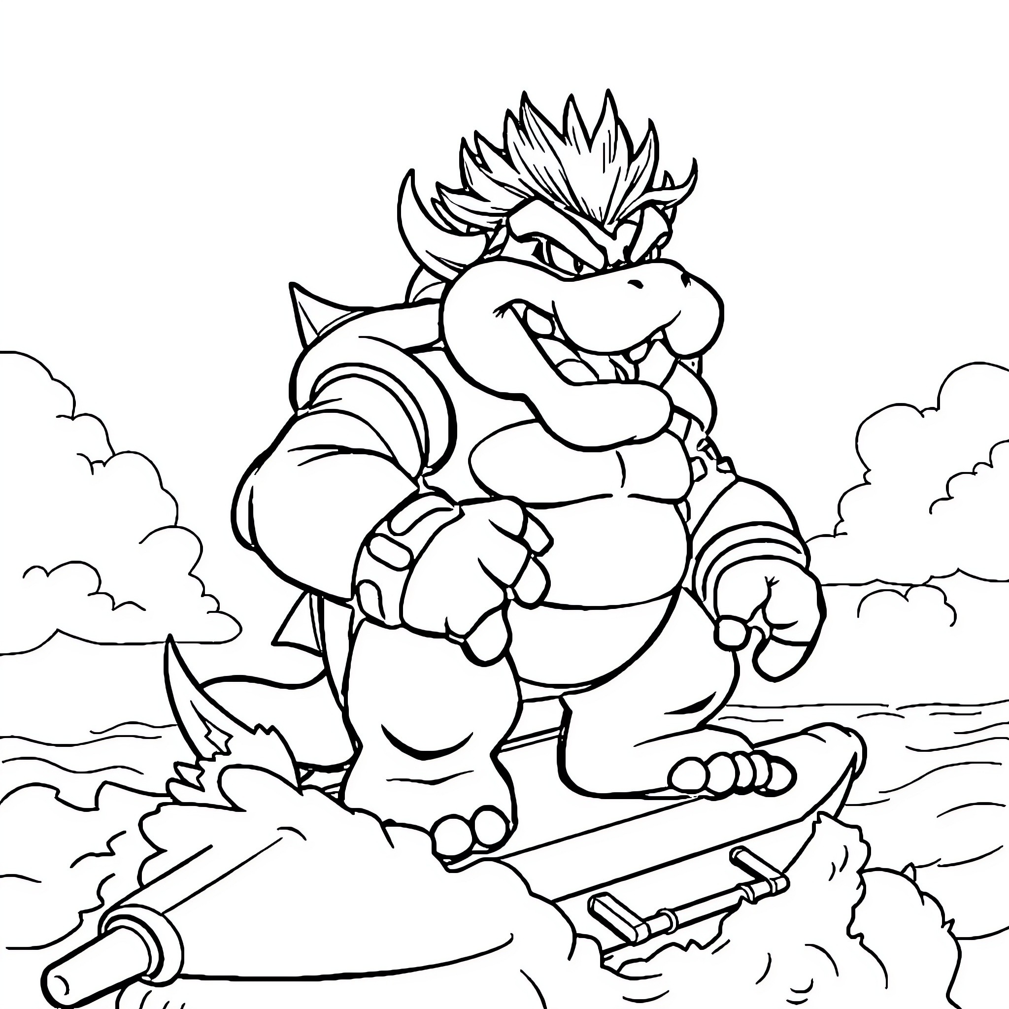 Bowser destroying environment with his powers Coloring Page (free black-and-white line drawing printable PDF for all, from beginners to advanced learners, including children, teens, adults, and seniors)