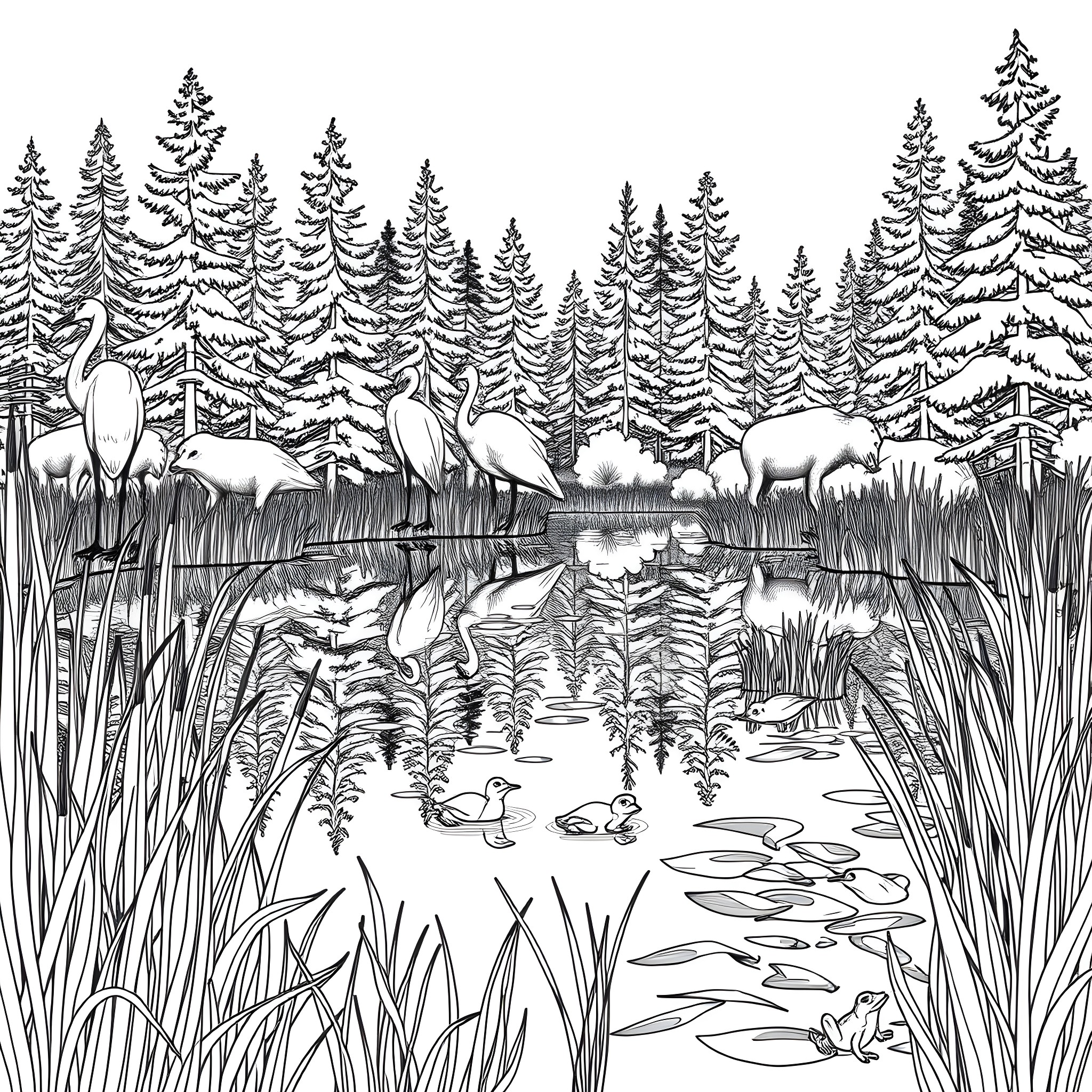 Wetland scene with wildlife in snowy forest Coloring Page (free black-and-white line drawing printable PDF for all, from beginners to advanced learners, including children, teens, adults, and seniors)