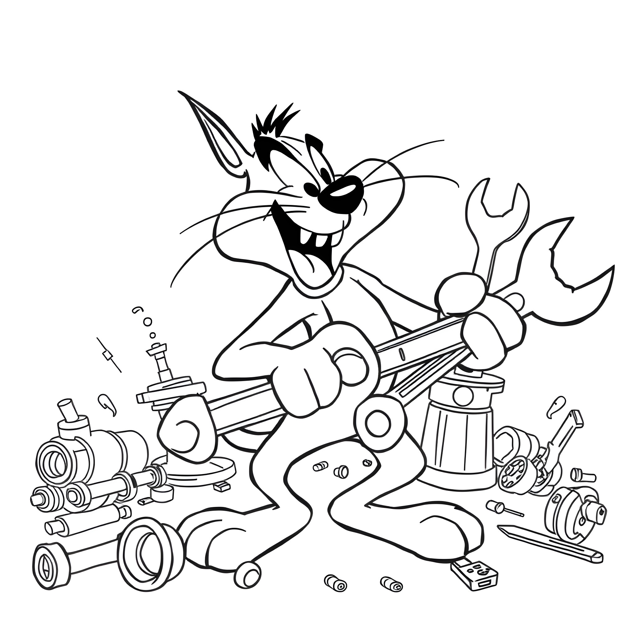Taz the Tasmanian Devil in a Mechanic's Workshop Coloring Page (free black-and-white line drawing printable PDF for all, from beginners to advanced learners, including children, teens, adults, and seniors)