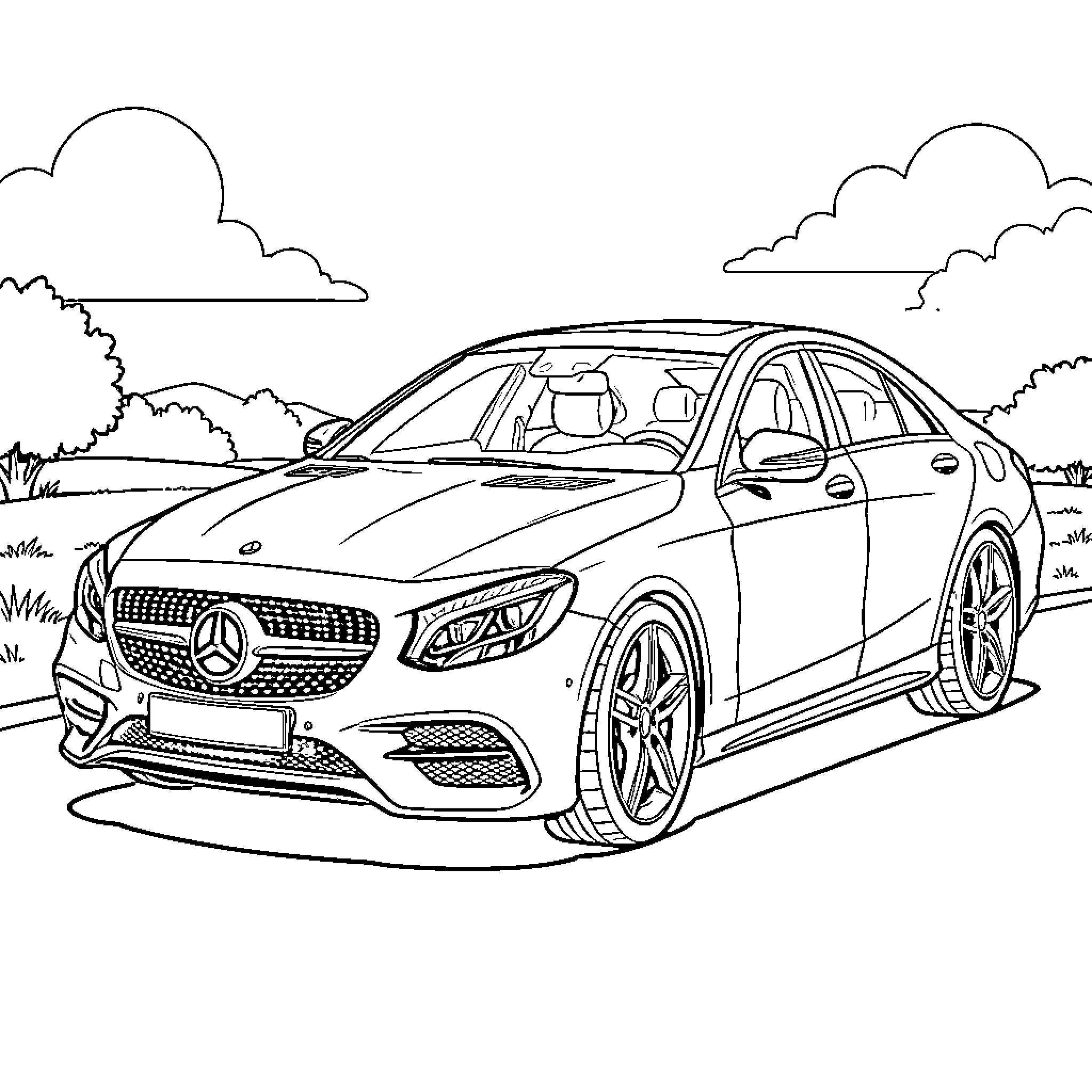 Mercedes-Benz Luxury Sports Car Parked in Scenic Setting Coloring Page (free black-and-white line drawing printable PDF for all, from beginners to advanced learners, including children, teens, adults, and seniors)