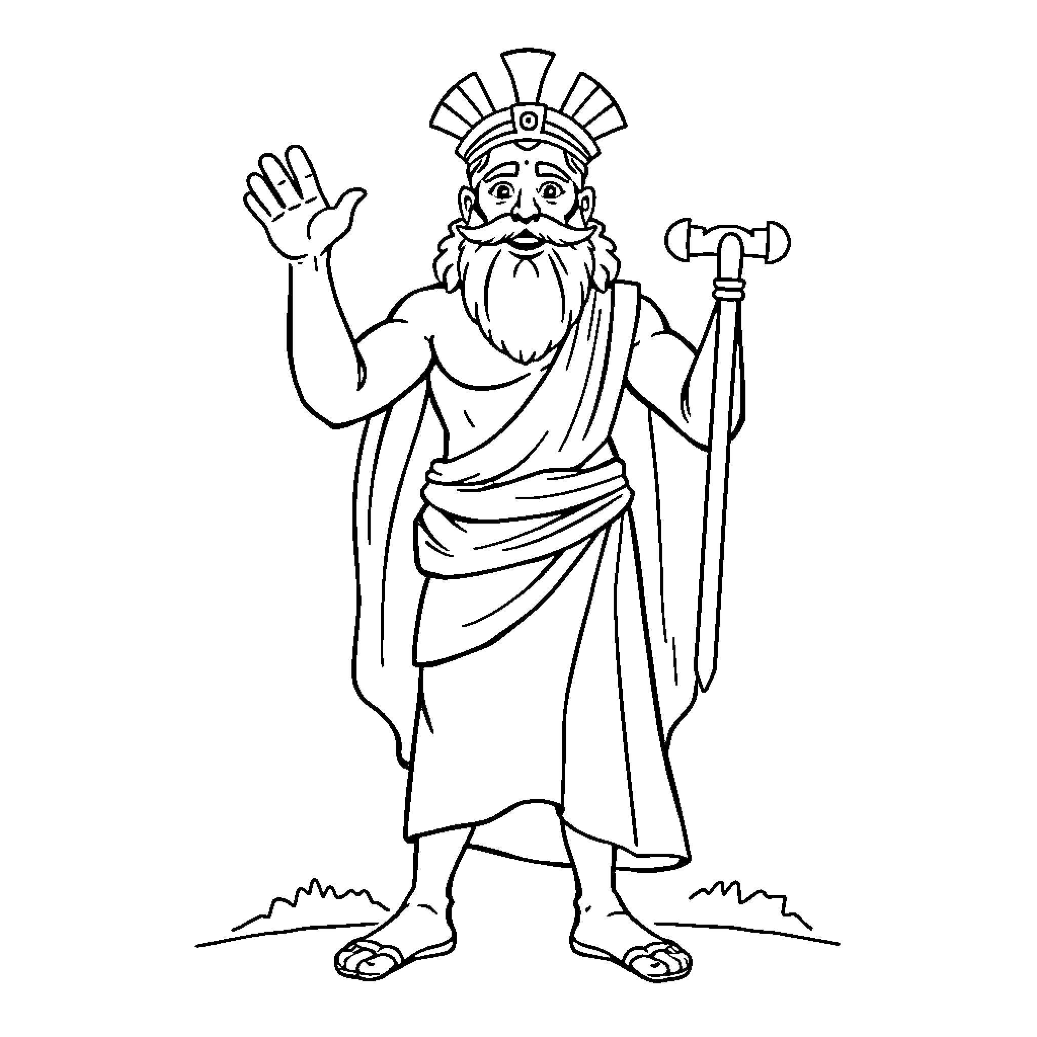 Greek God Holding a Scepter and Waving Coloring Page (free black-and-white line drawing printable PDF for all, from beginners to advanced learners, including children, teens, adults, and seniors)