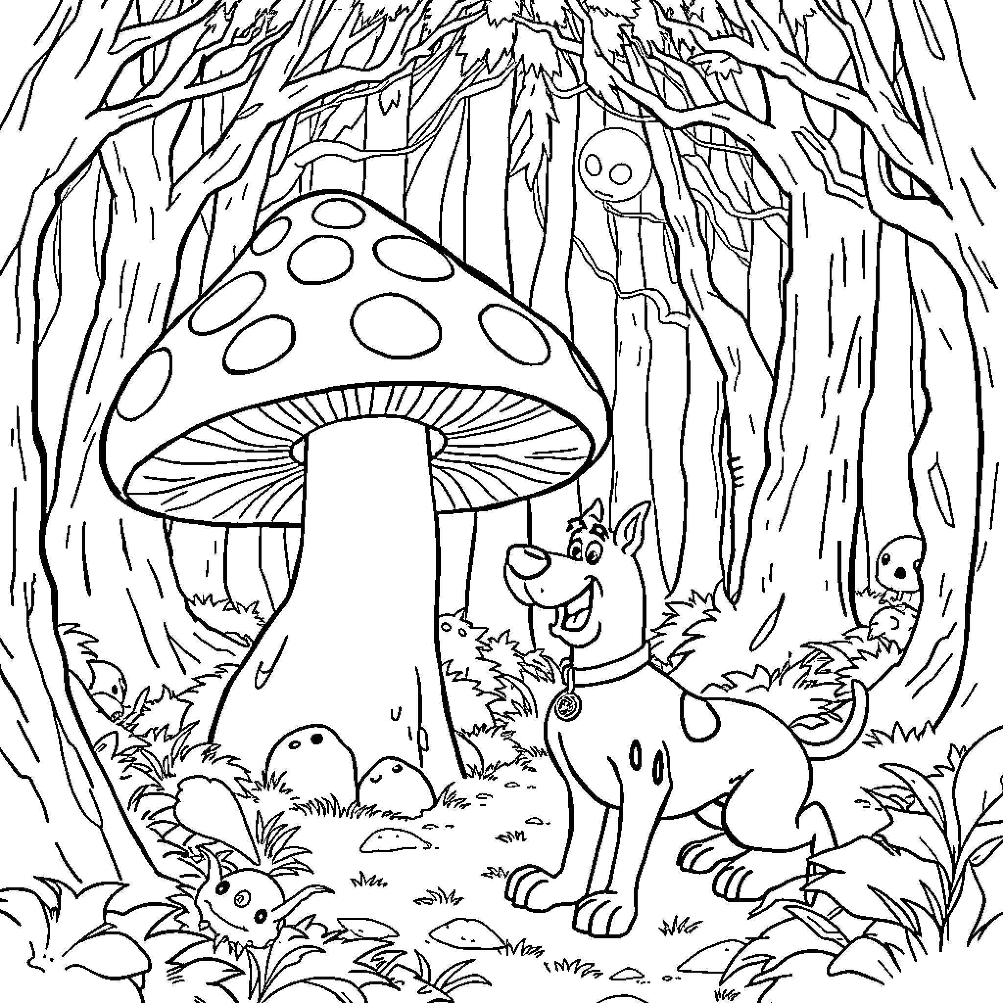 Scooby Doo explores the enchanted forest Coloring Page (free black-and-white line drawing printable PDF for all, from beginners to advanced learners, including children, teens, adults, and seniors)