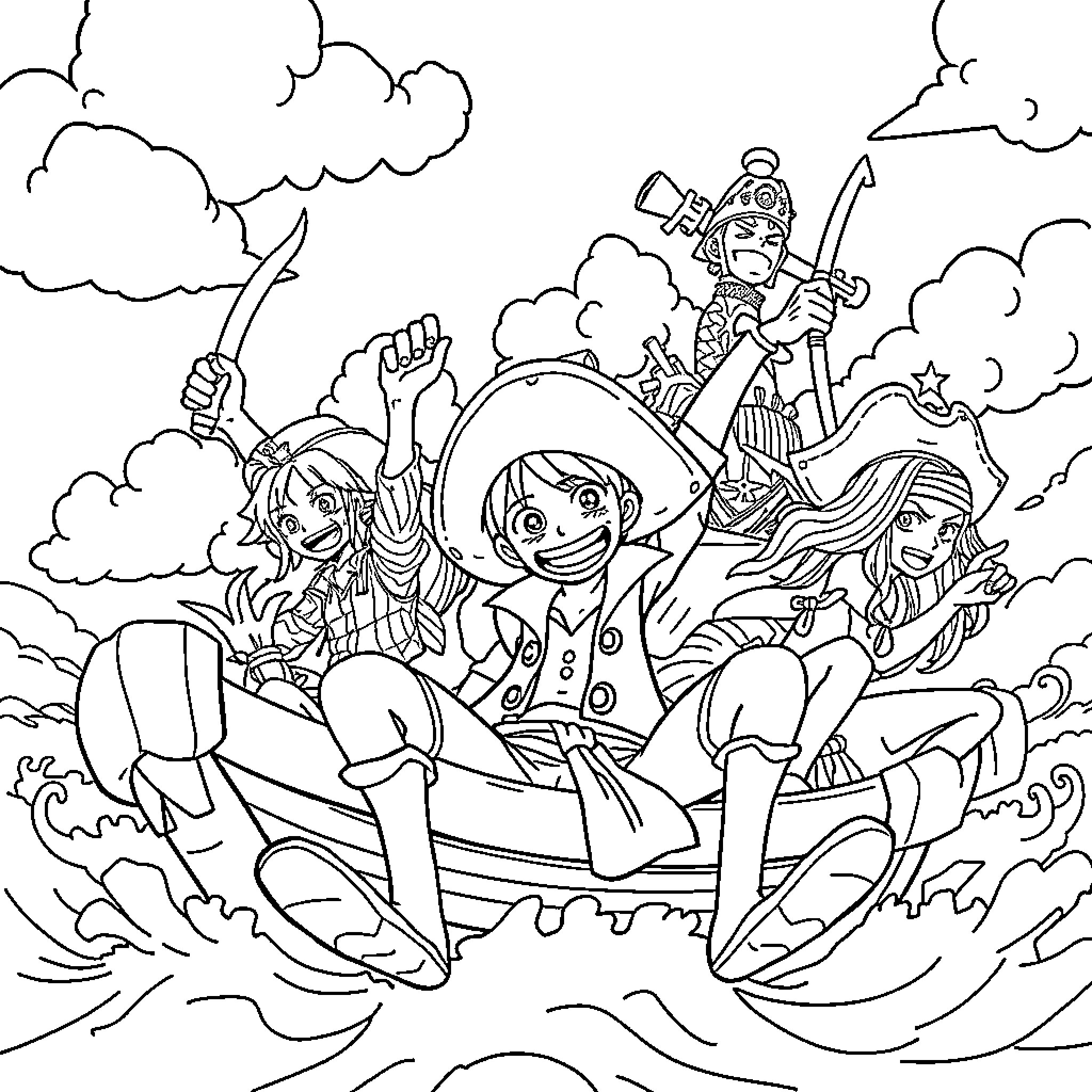 One Piece Group Adventure on Stormy Seas Coloring Page (free black-and-white line drawing printable PDF for all, from beginners to advanced learners, including children, teens, adults, and seniors)