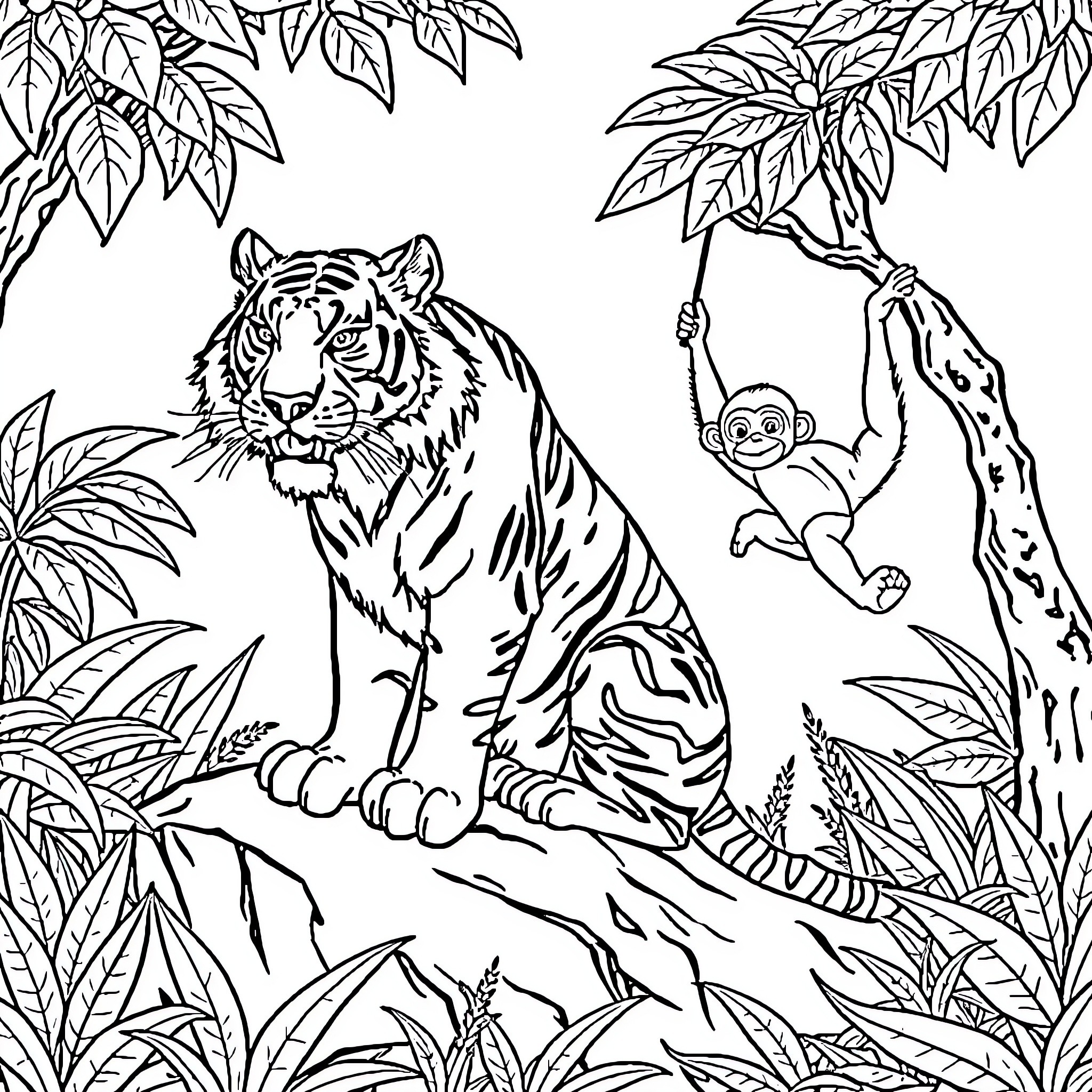 Tiger in the Jungle with Playful Monkey Coloring Page (free black-and-white line drawing printable PDF for all, from beginners to advanced learners, including children, teens, adults, and seniors)
