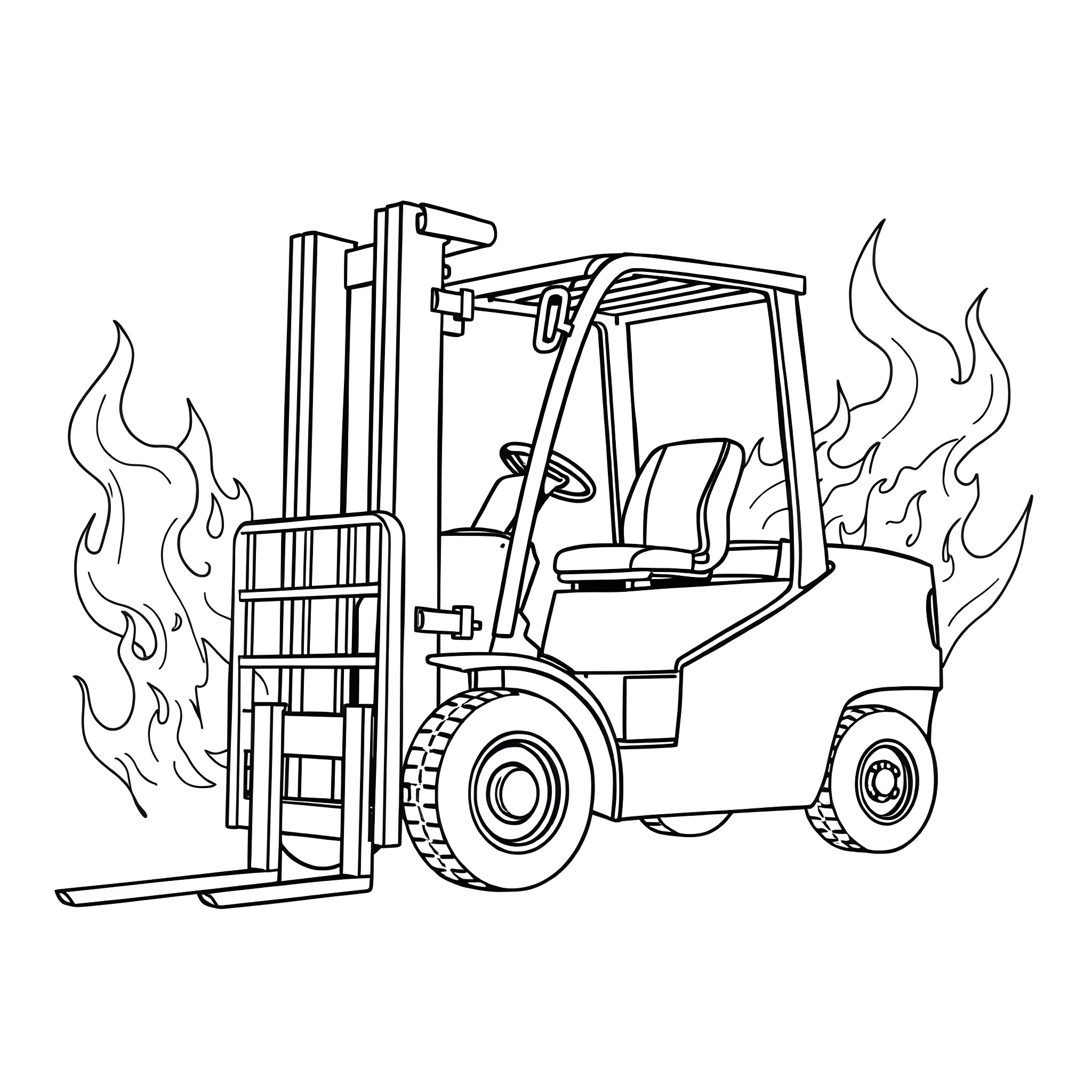 Forklift operating in a fiery environment Coloring Page (free black-and-white line drawing printable PDF for all, from beginners to advanced learners, including children, teens, adults, and seniors)