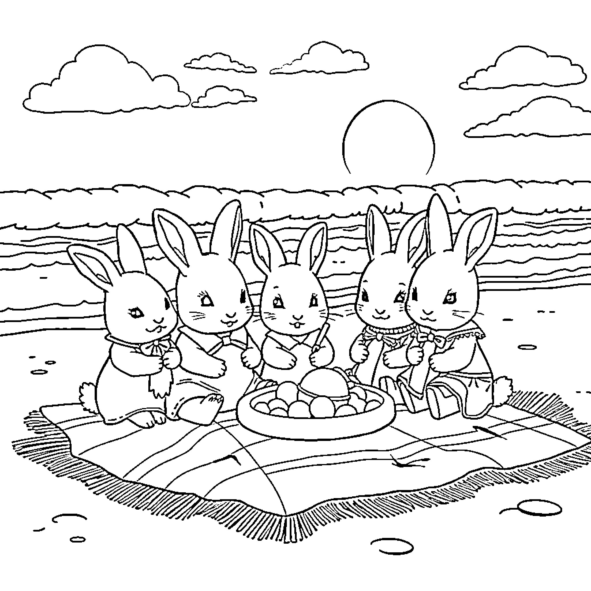 Rabbits enjoying a picnic by the beach Coloring Page (free black-and-white line drawing printable PDF for all, from beginners to advanced learners, including children, teens, adults, and seniors)