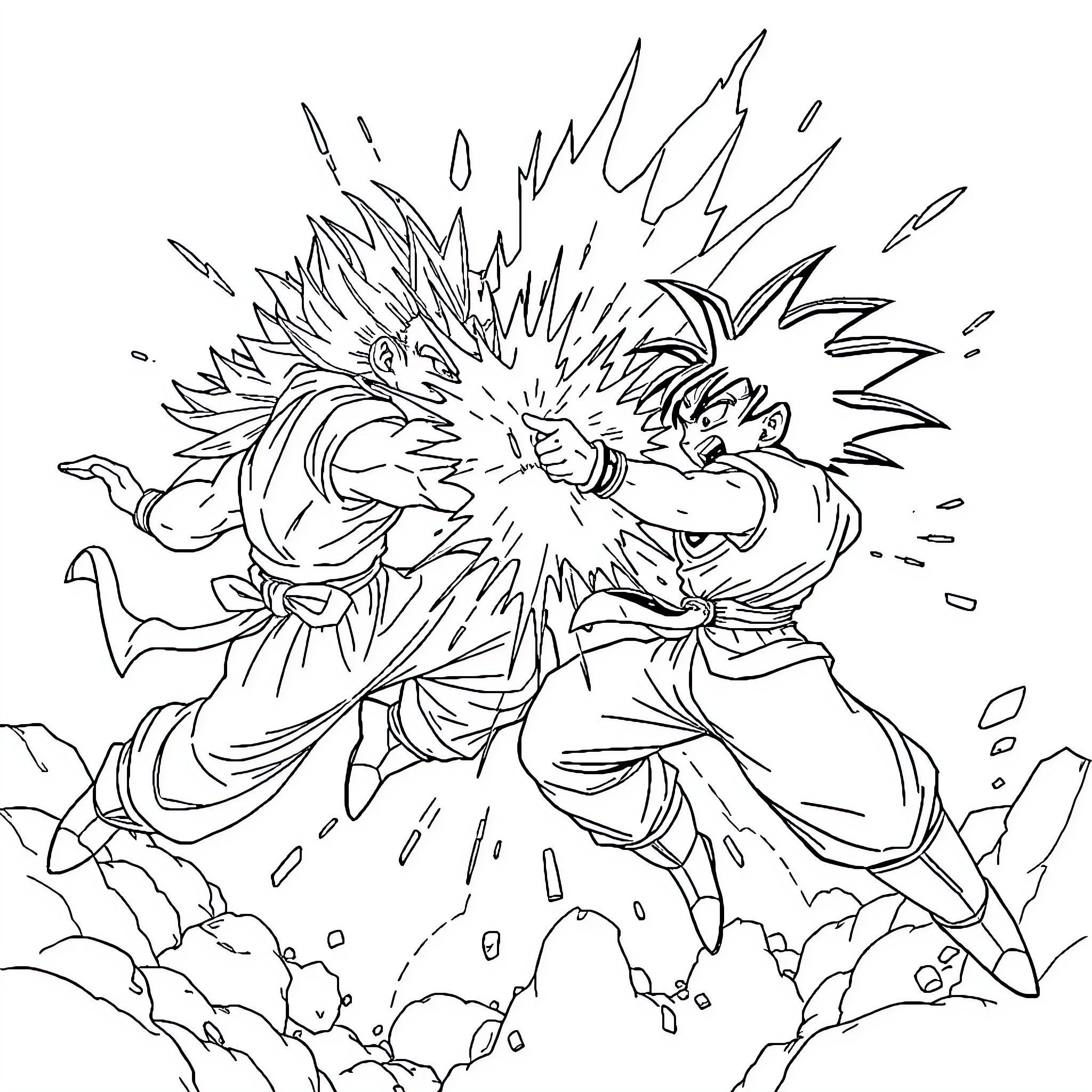 Dragon Ball Z - Explosive Clash of Powerful Fighters Coloring Page (free black-and-white line drawing printable PDF for all, from beginners to advanced learners, including children, teens, adults, and seniors)