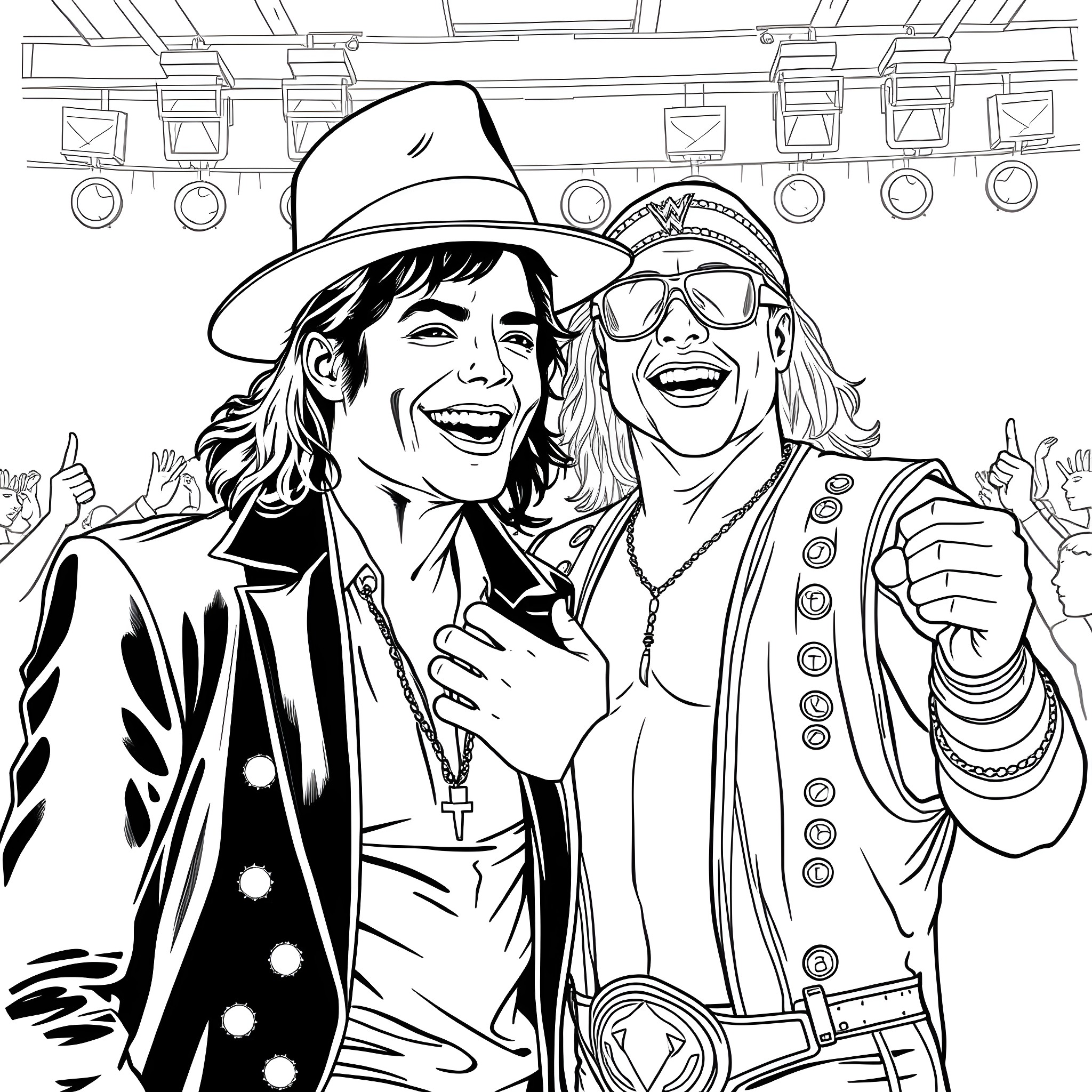Michael Jackson and Stevie Wonder: Legends Performing Together Coloring Page (free black-and-white line drawing printable PDF for all, from beginners to advanced learners, including children, teens, adults, and seniors)