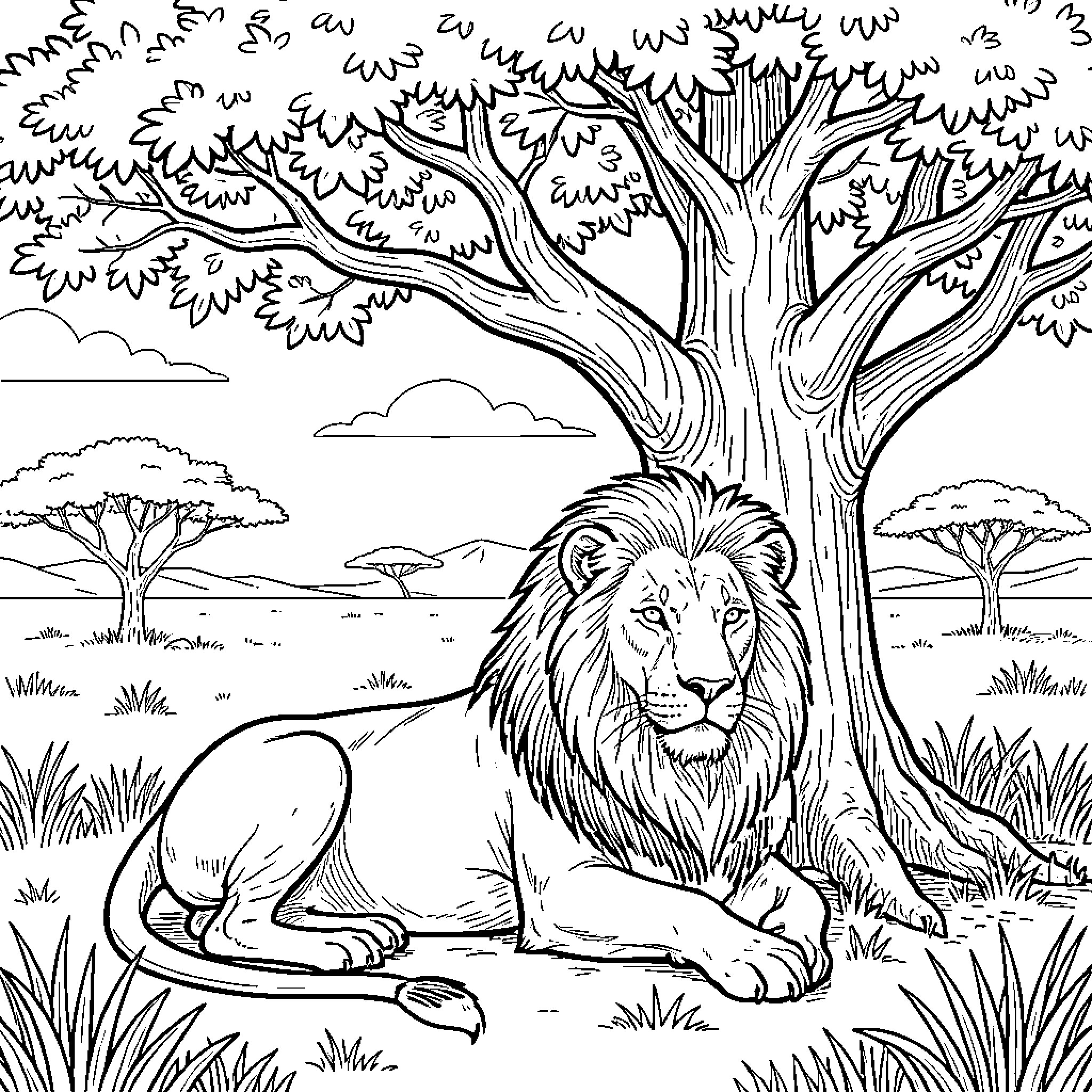 Lion resting in the serene wilderness Coloring Page (free black-and-white line drawing printable PDF for all, from beginners to advanced learners, including children, teens, adults, and seniors)