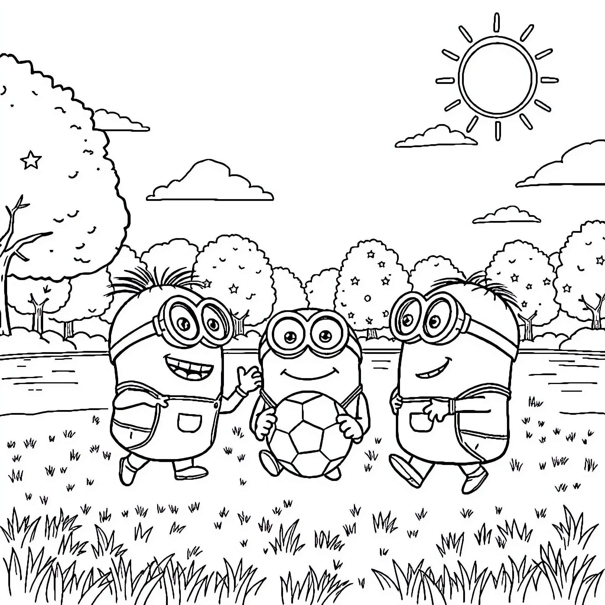 Minions playing soccer in the park Coloring Page (free black-and-white line drawing printable PDF for all, from beginners to advanced learners, including children, teens, adults, and seniors)