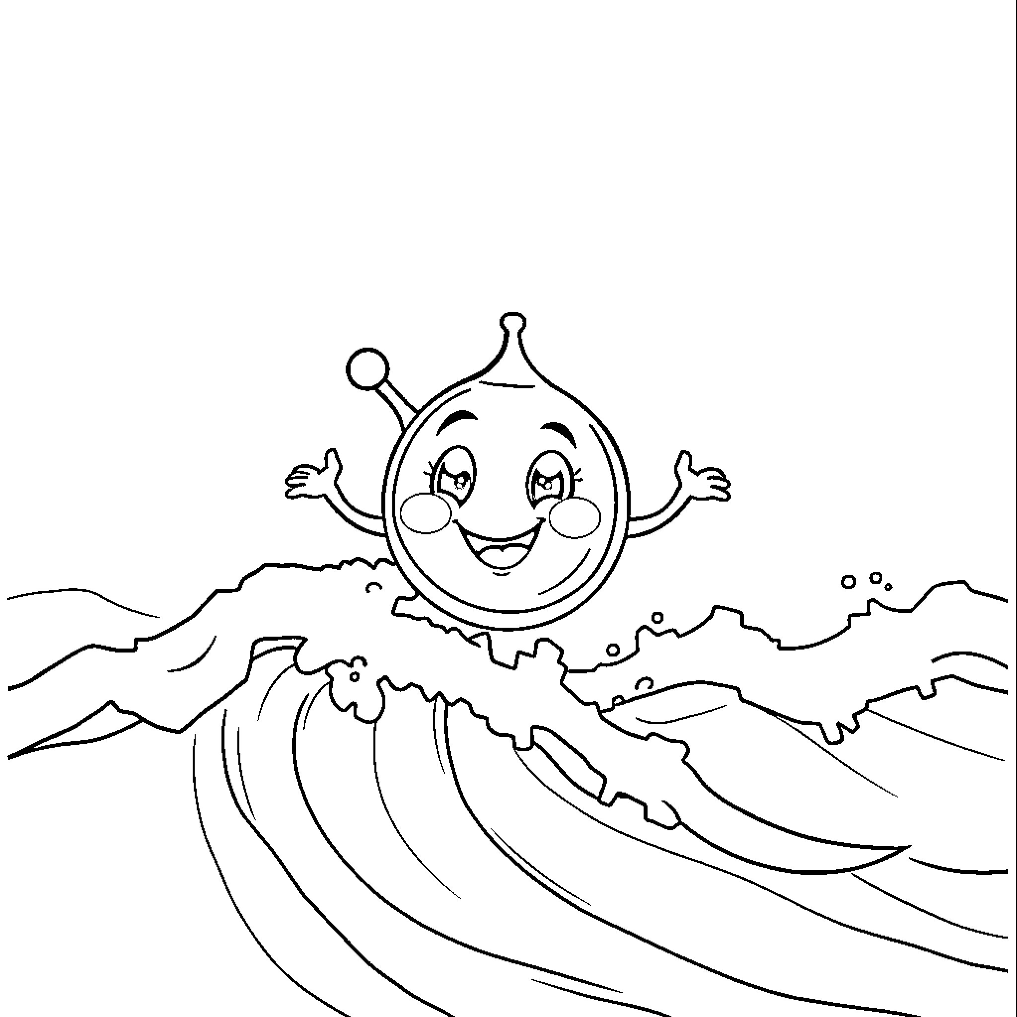H2O Cheerful Water Drop Surfing Waves Coloring Page (free black-and-white line drawing printable PDF for all, from beginners to advanced learners, including children, teens, adults, and seniors)