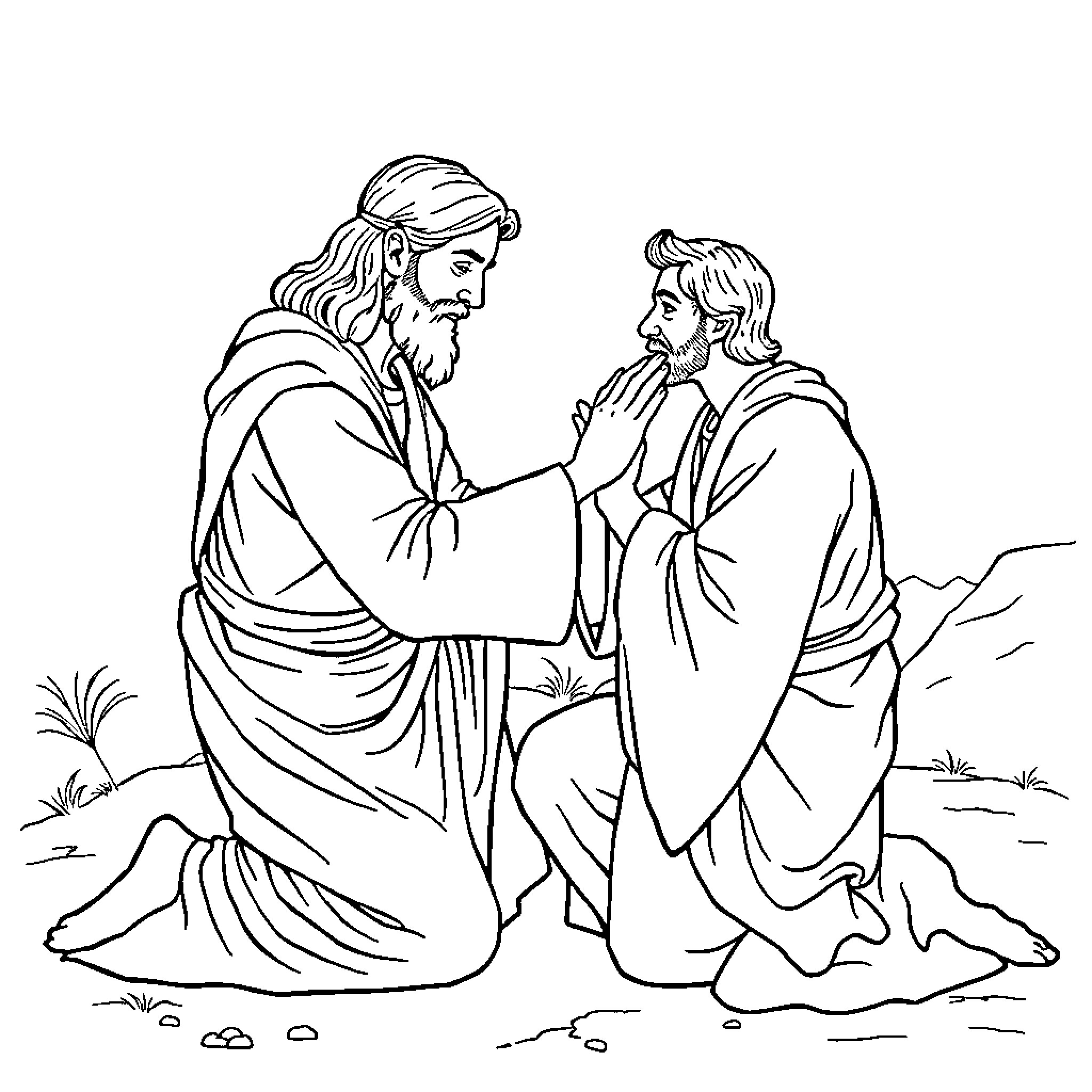 Jesus comforting and conversing with a man Coloring Page (free black-and-white line drawing printable PDF for all, from beginners to advanced learners, including children, teens, adults, and seniors)