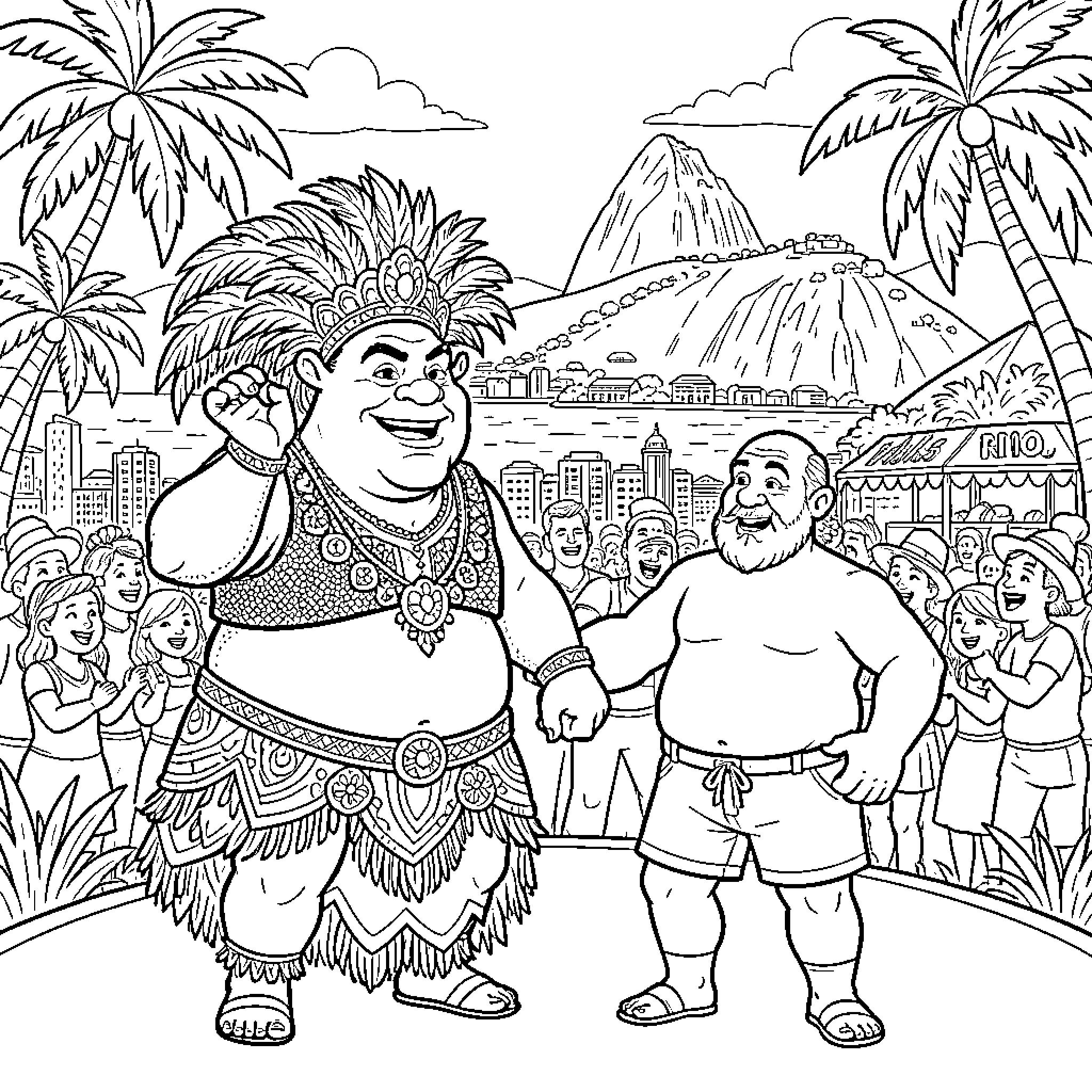 Shrek and companions explore vibrant Rio de Janeiro landscape Coloring Page (free black-and-white line drawing printable PDF for all, from beginners to advanced learners, including children, teens, adults, and seniors)