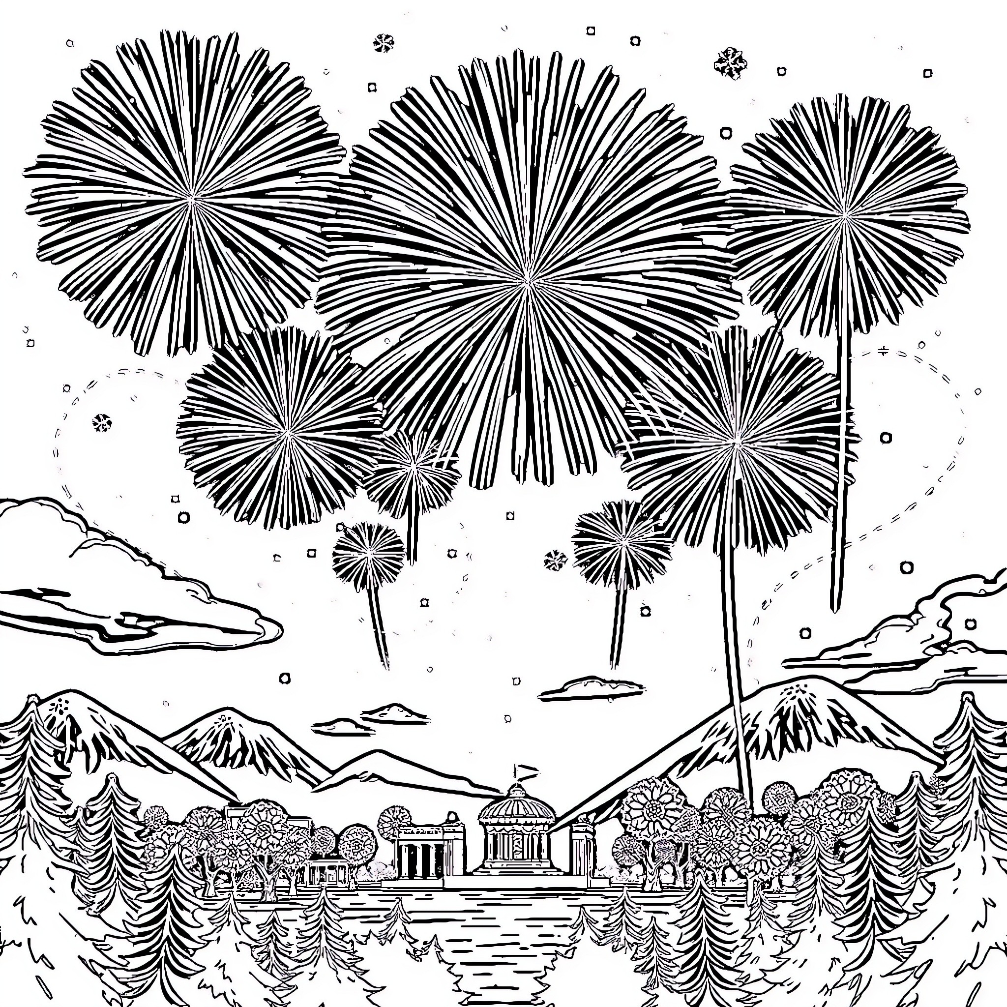 Canada Day Celebration with Vibrant Fireworks Display Coloring Page (free black-and-white line drawing printable PDF for all, from beginners to advanced learners, including children, teens, adults, and seniors)