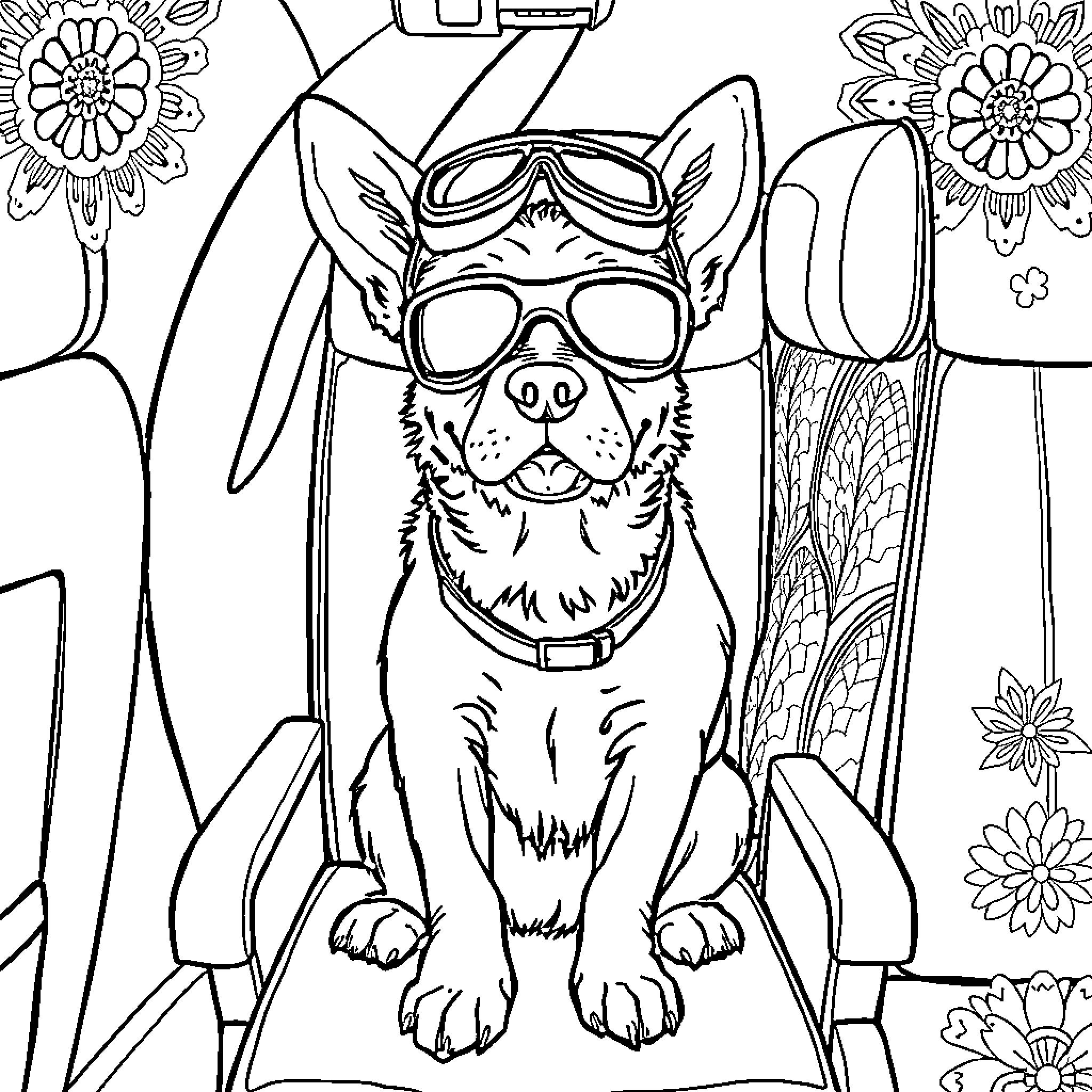 Dog wearing goggles and enjoying outdoor adventure Coloring Page (free black-and-white line drawing printable PDF for all, from beginners to advanced learners, including children, teens, adults, and seniors)