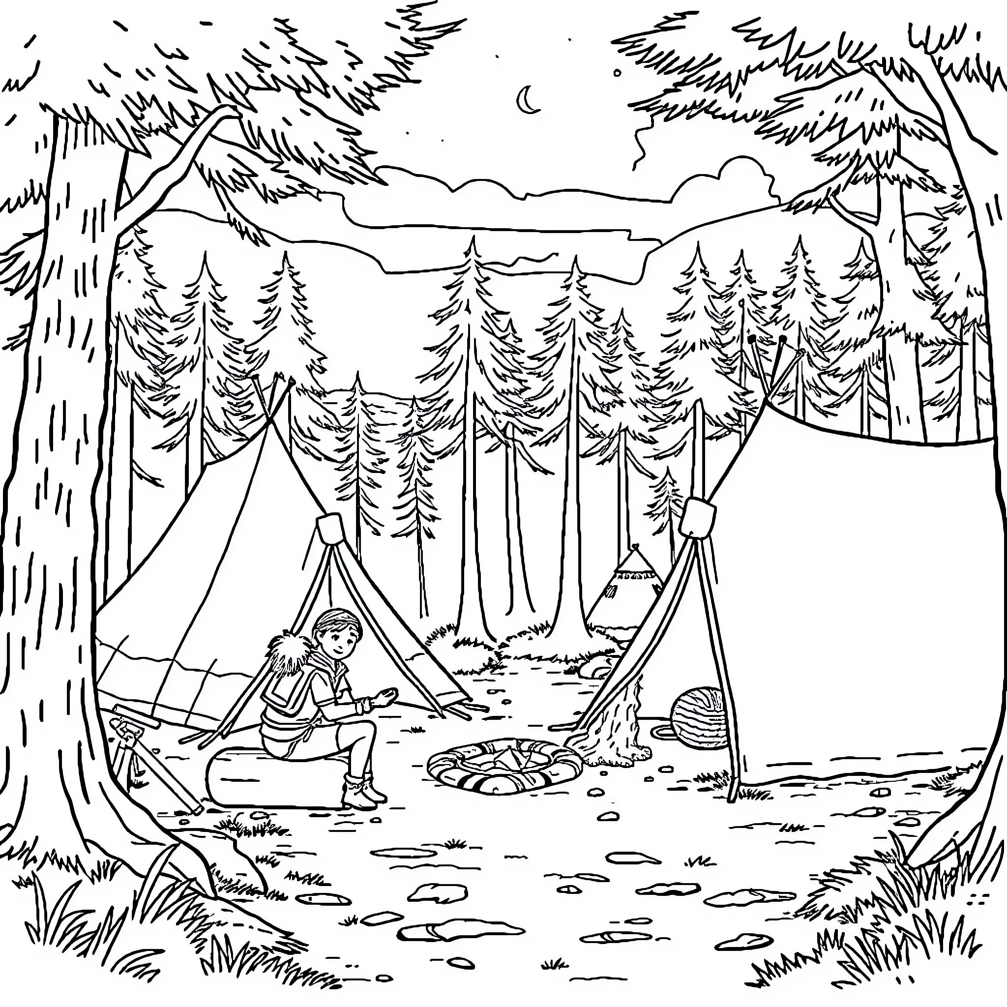 Scout camping in the serene forest at night Coloring Page (free black-and-white line drawing printable PDF for all, from beginners to advanced learners, including children, teens, adults, and seniors)