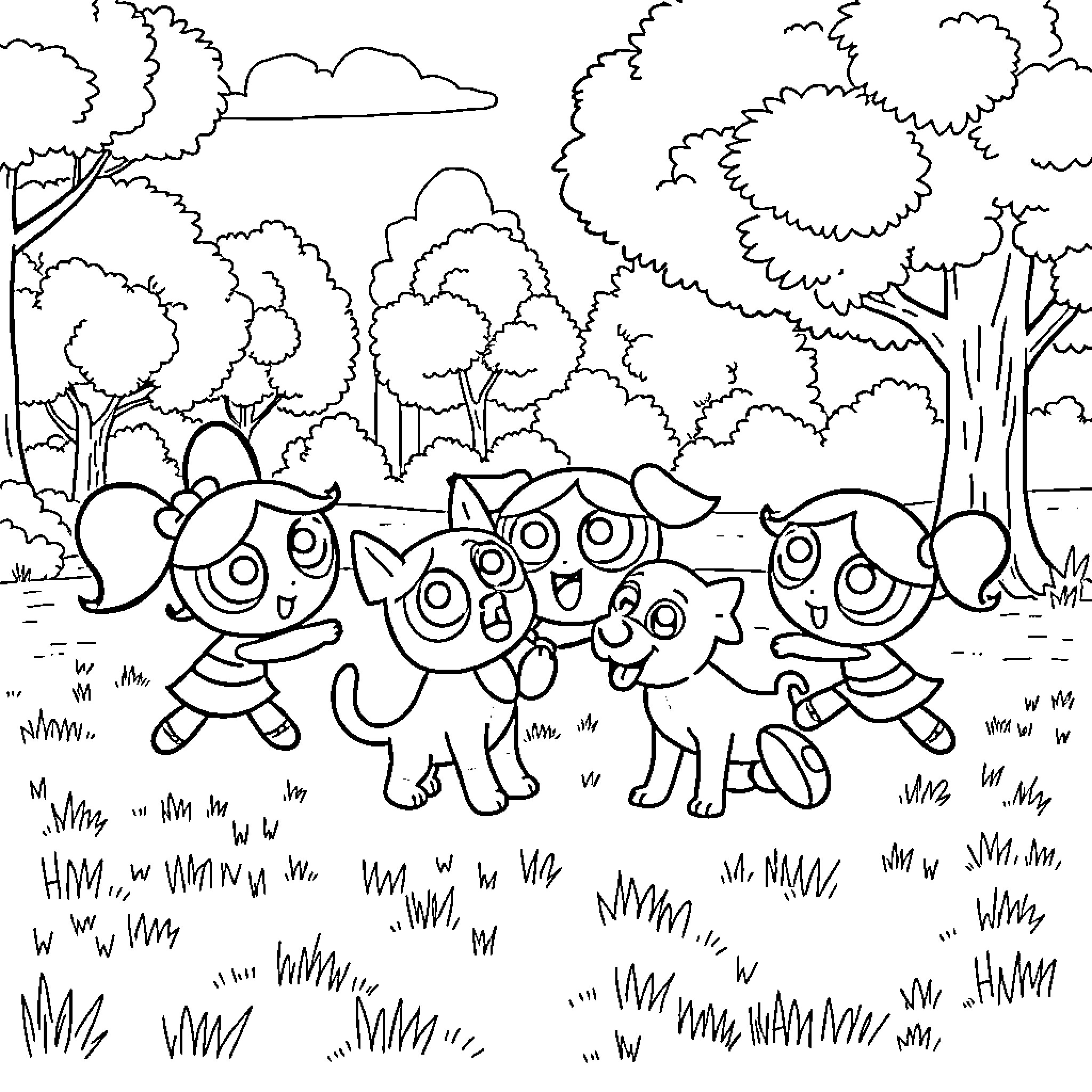 Power Puff Girls Joyfully Playing in the Forest Coloring Page (free black-and-white line drawing printable PDF for all, from beginners to advanced learners, including children, teens, adults, and seniors)