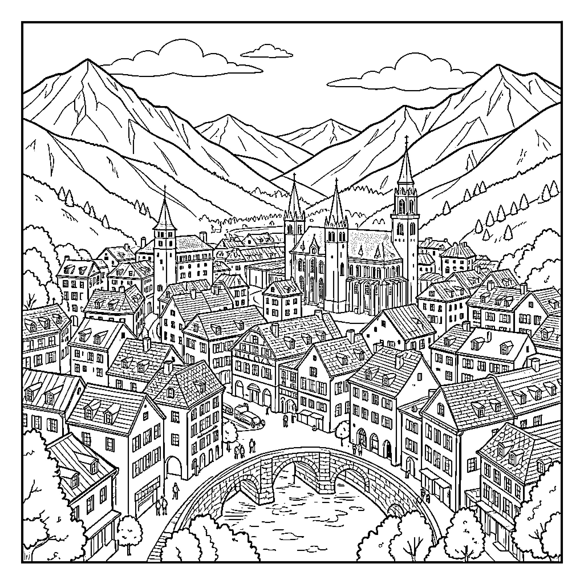 Grenoble featuring a scenic European town with mountains Coloring Page (free black-and-white line drawing printable PDF for all, from beginners to advanced learners, including children, teens, adults, and seniors)