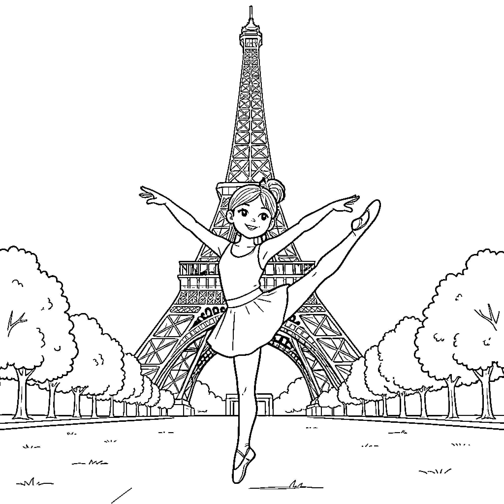 Girl dancing joyfully in front of Eiffel Tower Coloring Page (free black-and-white line drawing printable PDF for all, from beginners to advanced learners, including children, teens, adults, and seniors)