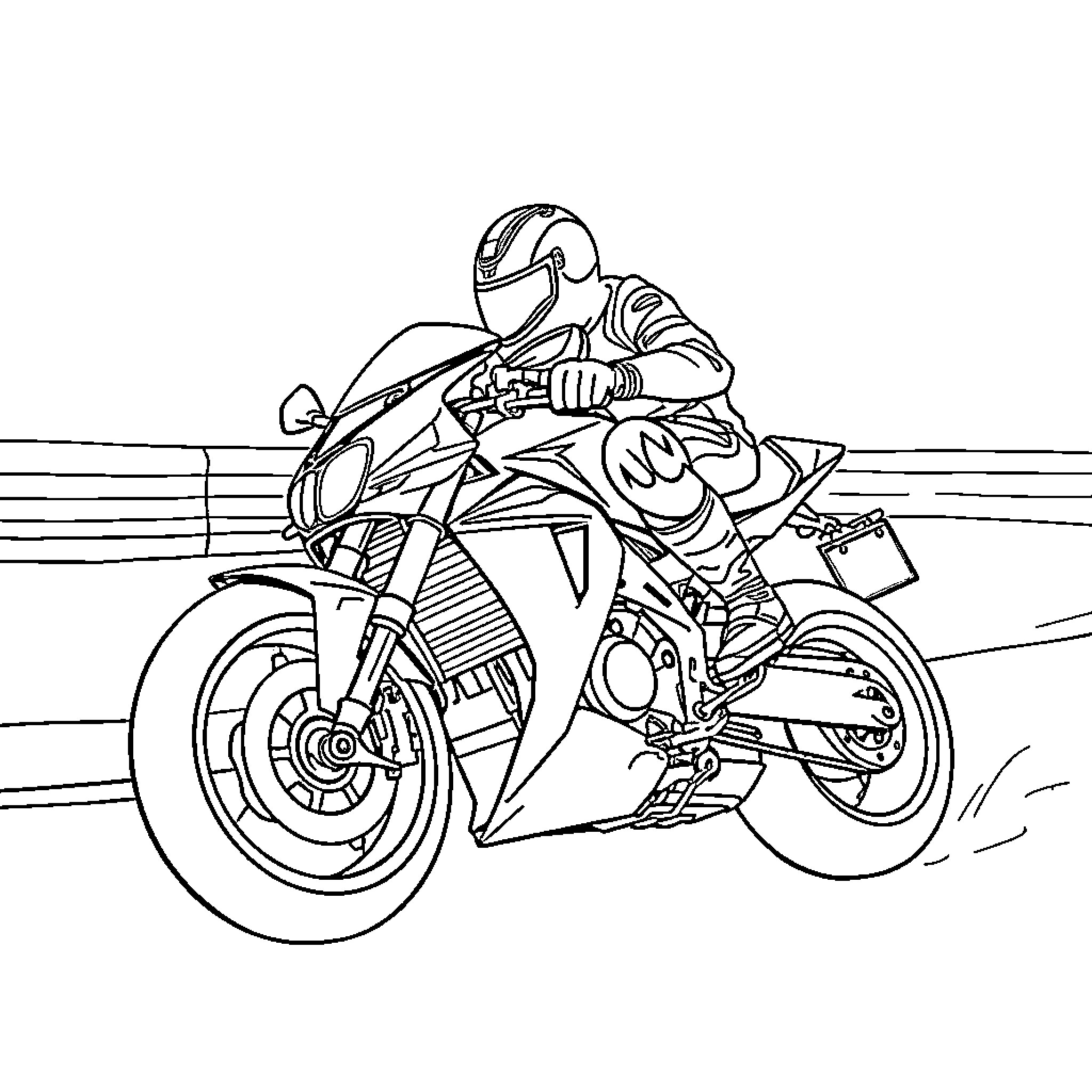 Moto Rider Speeding on Motorcycle Coloring Page (free black-and-white line drawing printable PDF for all, from beginners to advanced learners, including children, teens, adults, and seniors)