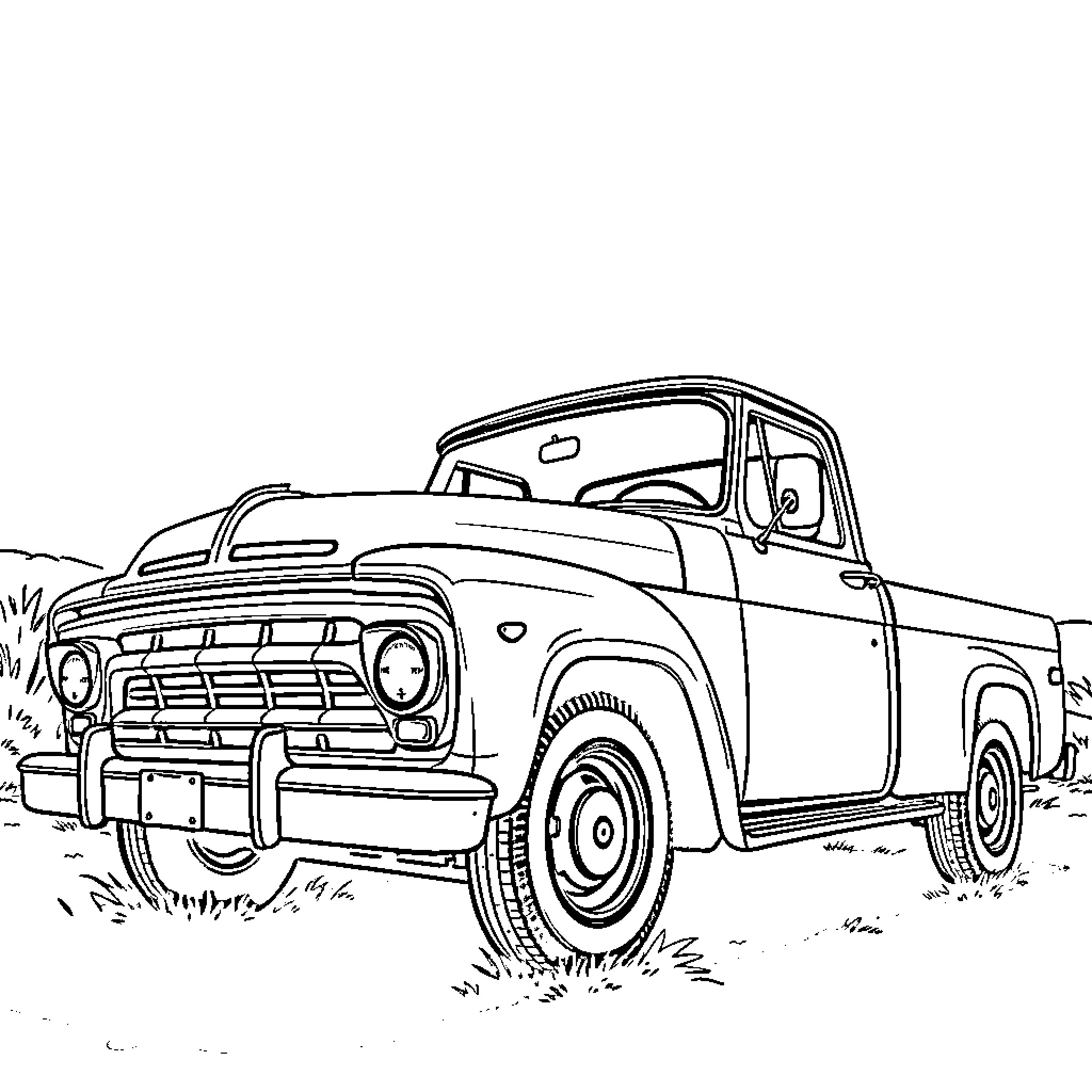 D-150 Truck parked in grassy countryside Coloring Page (free black-and-white line drawing printable PDF for all, from beginners to advanced learners, including children, teens, adults, and seniors)